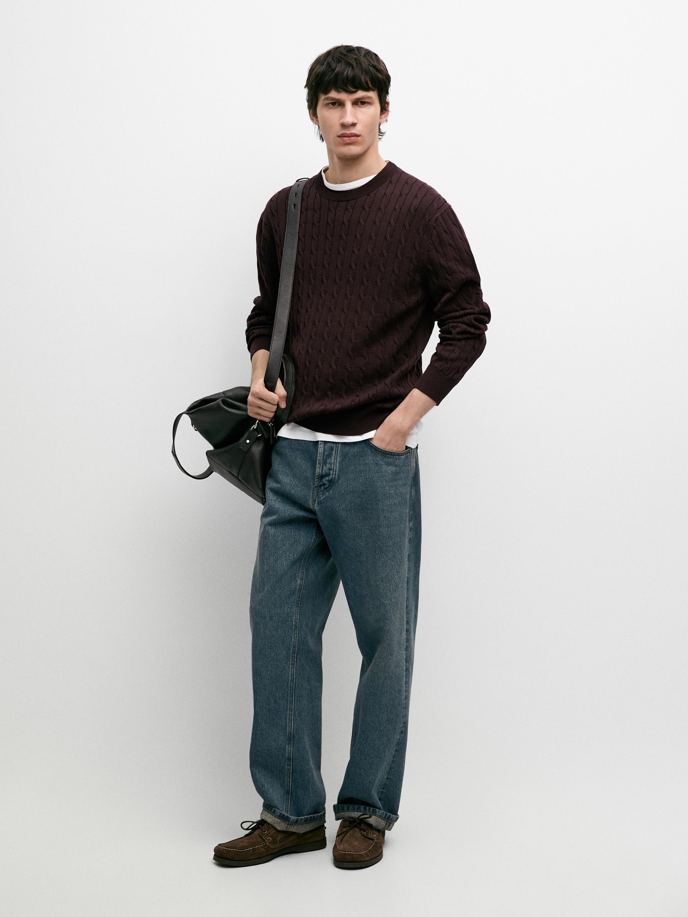 100% cotton cable-knit sweater — BURGUNDY