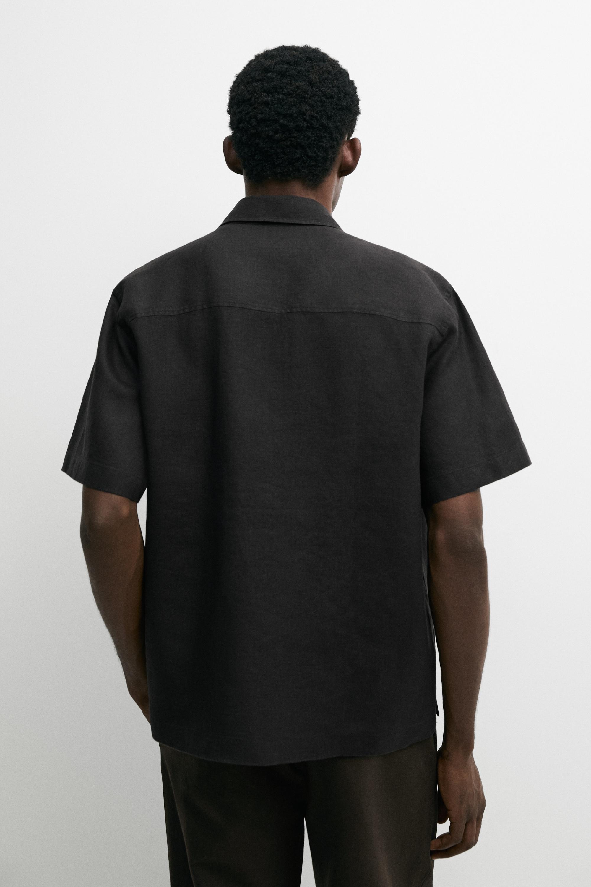 100% linen regular fit short sleeve shirt — BLACK