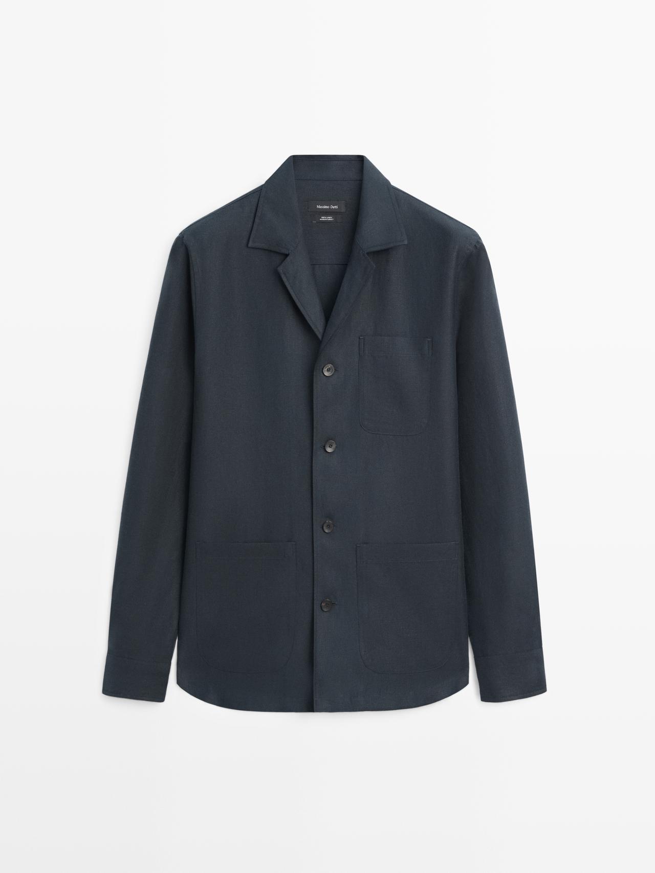 Massimo Dutti - Herre - Skjortejakke Med Lommedetalje I Hør - Blå - Xl