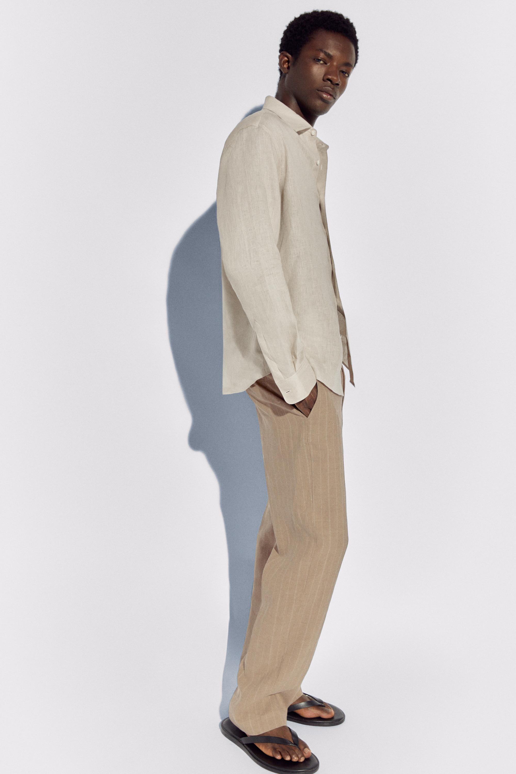100% linen striped pants — BEIGE