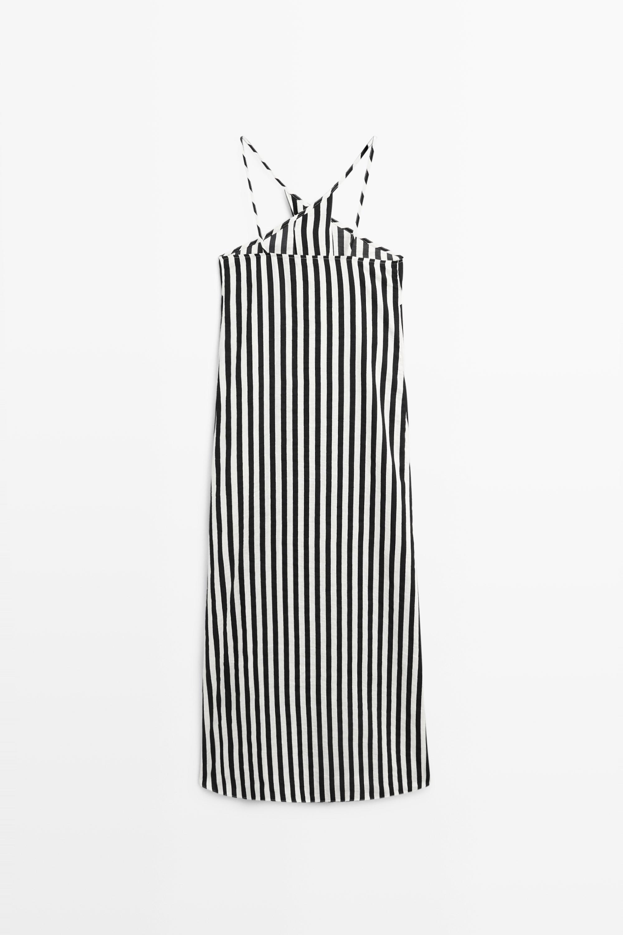 Striped midi dress with crisscross straps — BLACK