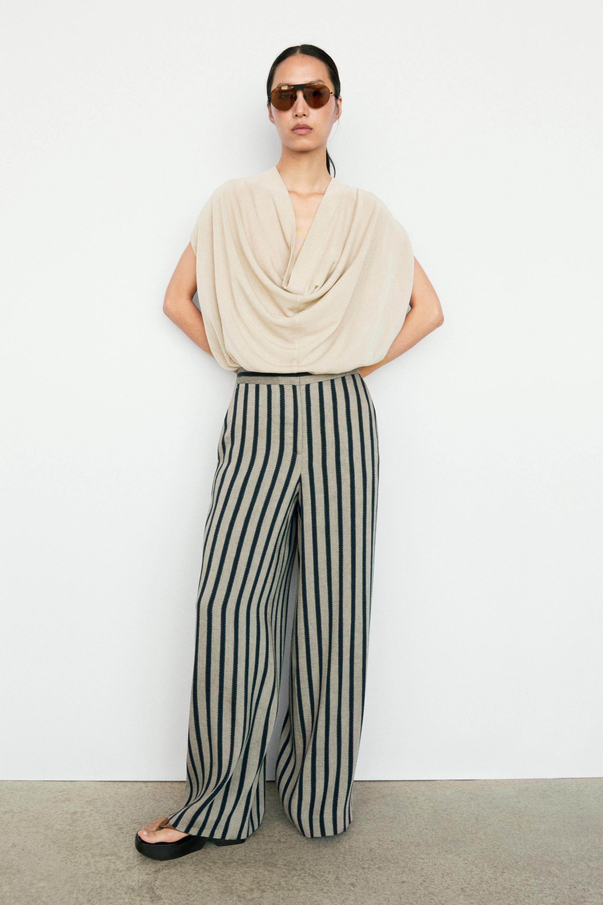 Striped linen blend wide-leg trousers — SAND