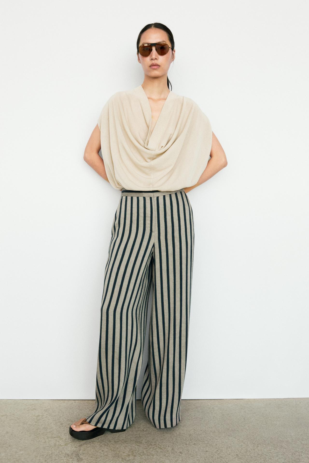 Striped linen blend wide-leg trousers — SAND