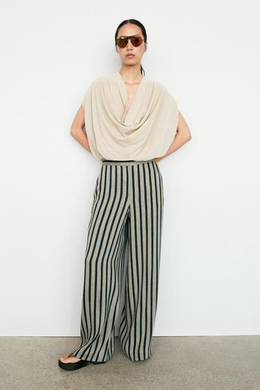 Striped linen blend wide-leg trousers — SAND 8