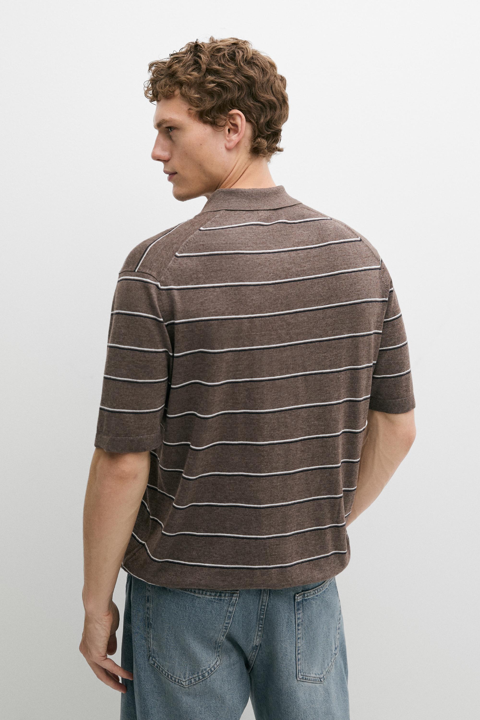 Striped knit V-neck polo shirt — CAREY