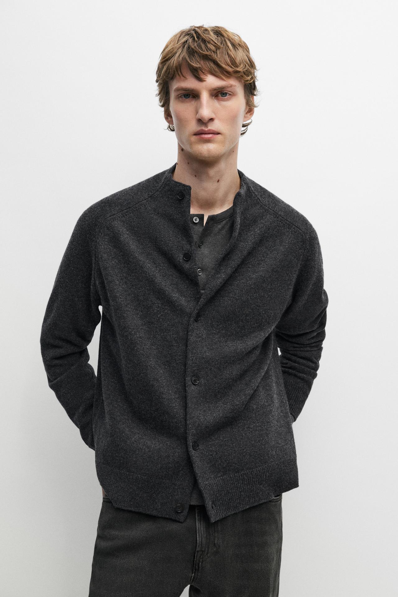 Wool blend mock neck knit cardigan — DARK GREY