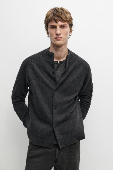 Wool blend mock neck knit cardigan — DARK GREY 3