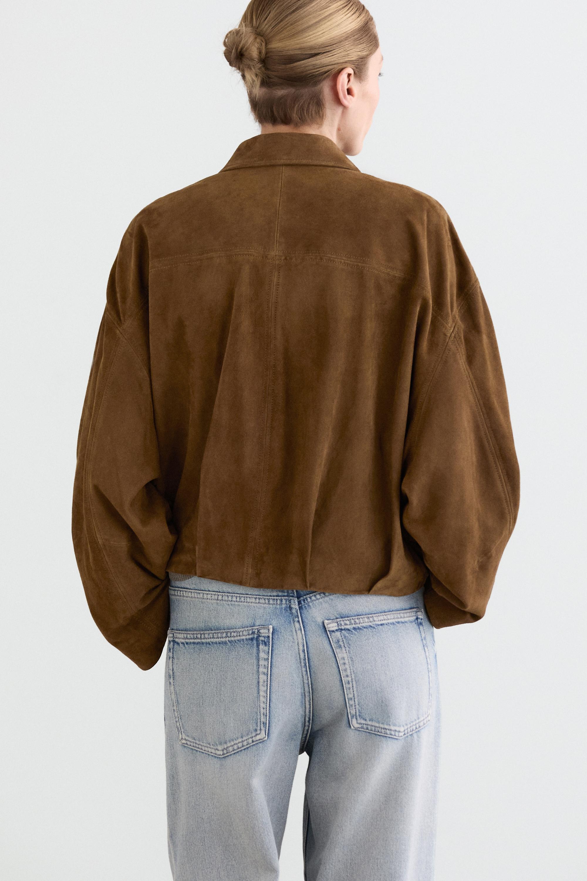Short suede leather bomber jacket — BROWN