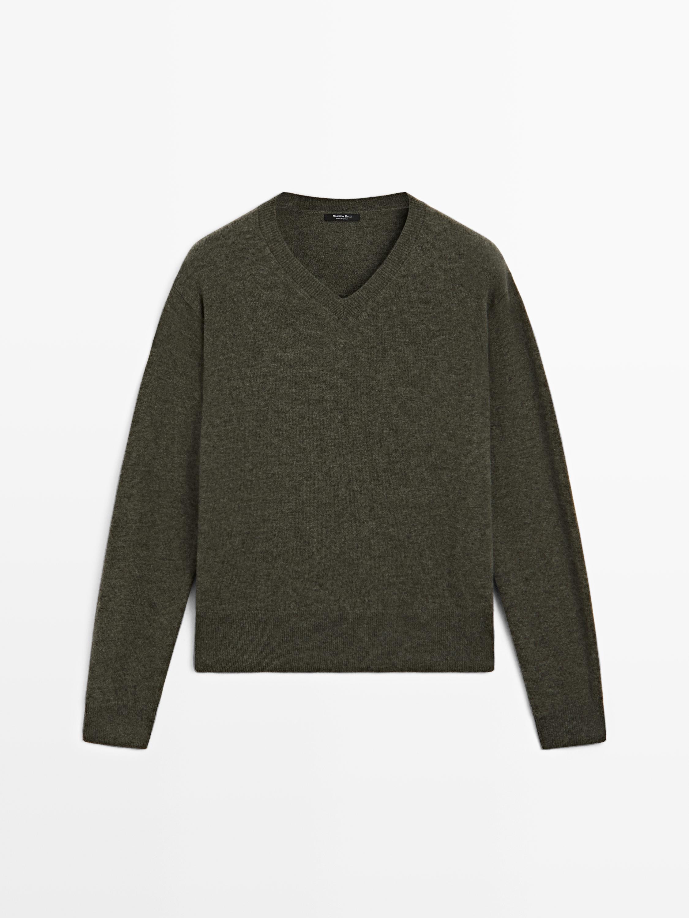 Wool blend knit V-neck sweater — GREEN MARL