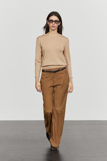 100% wool knit round neck sweater — CAMEL 1