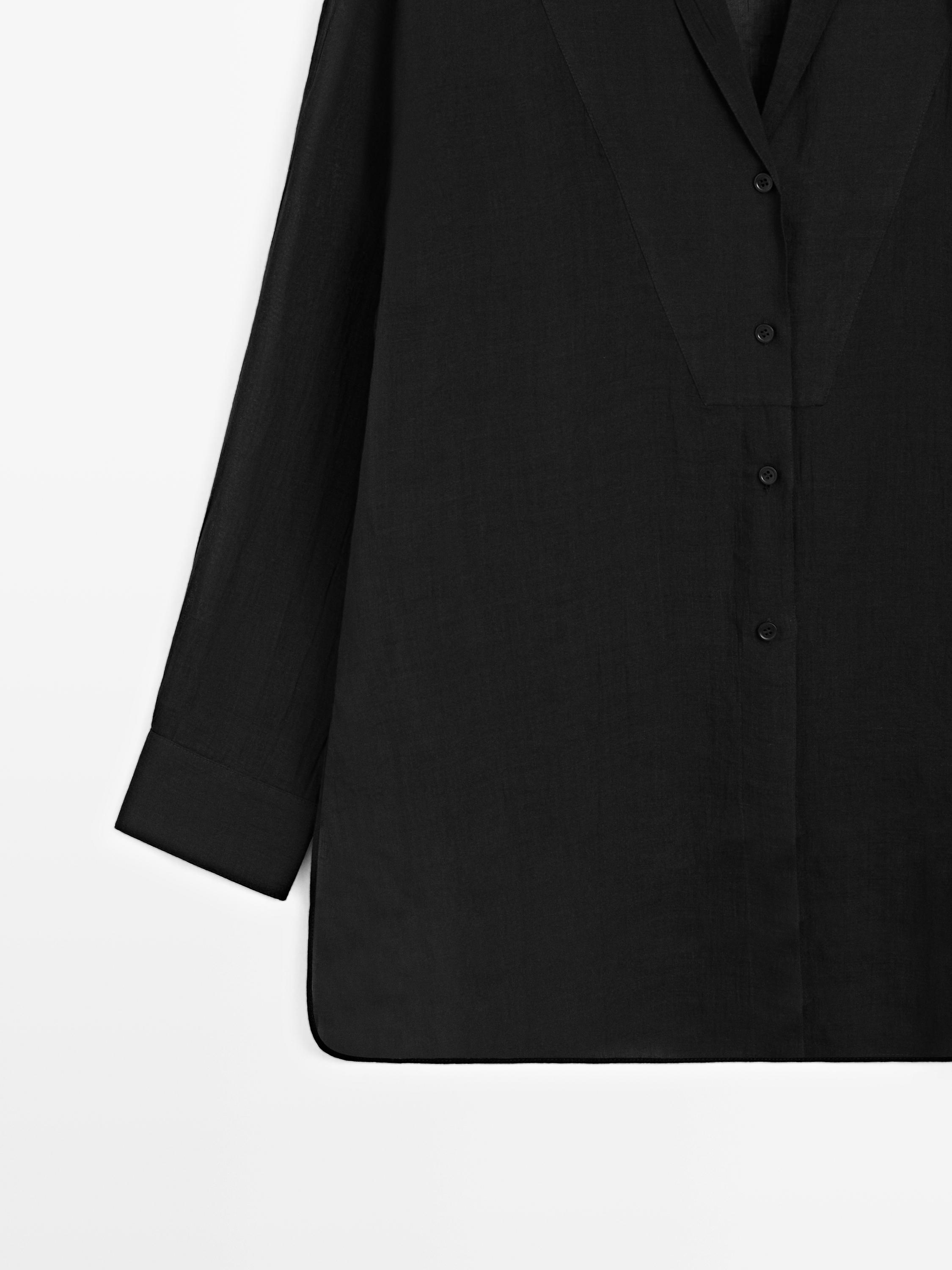 Flowing semi-sheer shirt with chest detail — BLACK