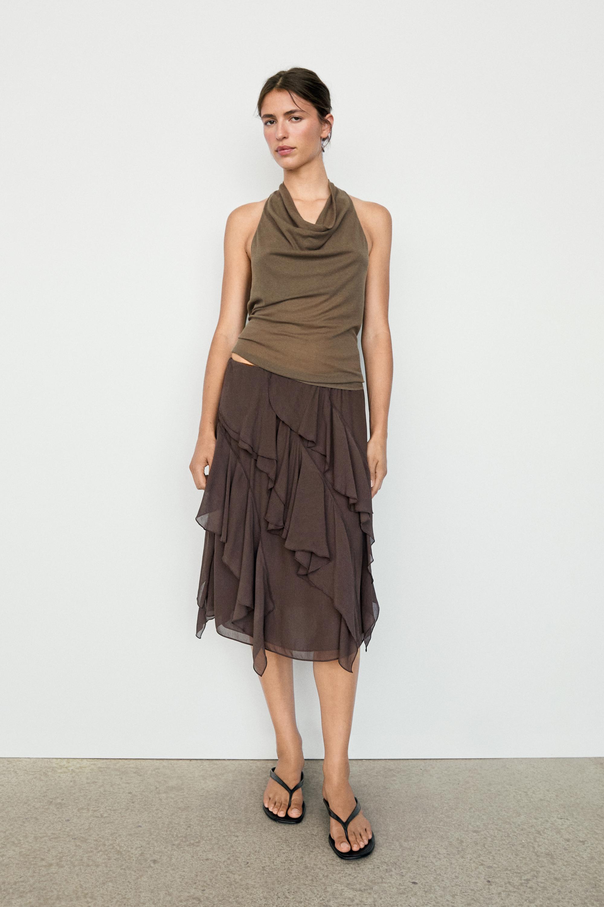 Flowing ruffled midi skirt — Chocolate