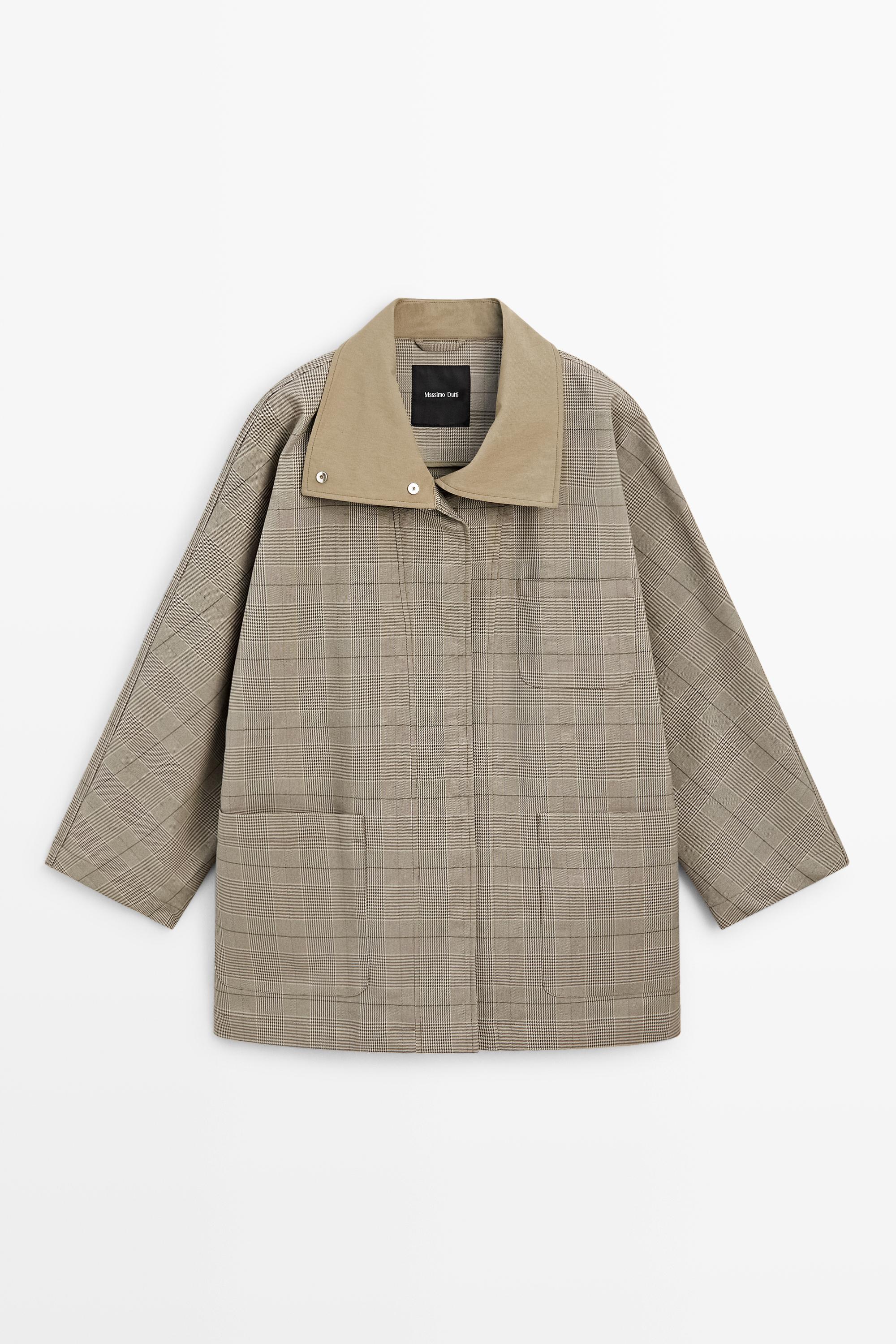 Cotton blend plaid high neck jacket