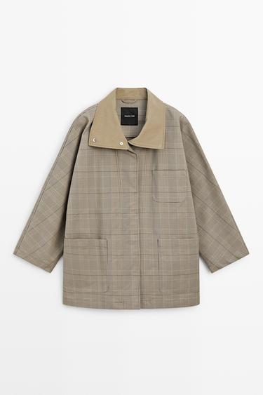 Cotton blend plaid high neck jacket — KHAKI 2