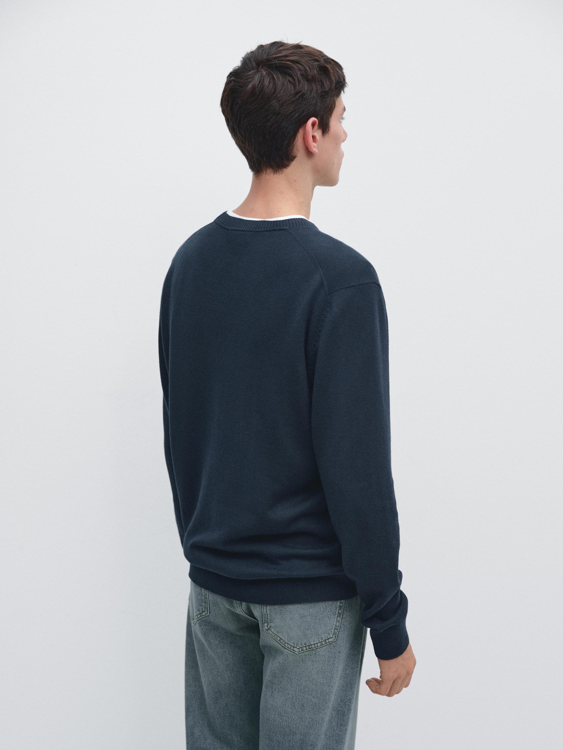 Knit cotton and wool sweater with crew neck — Dark blue