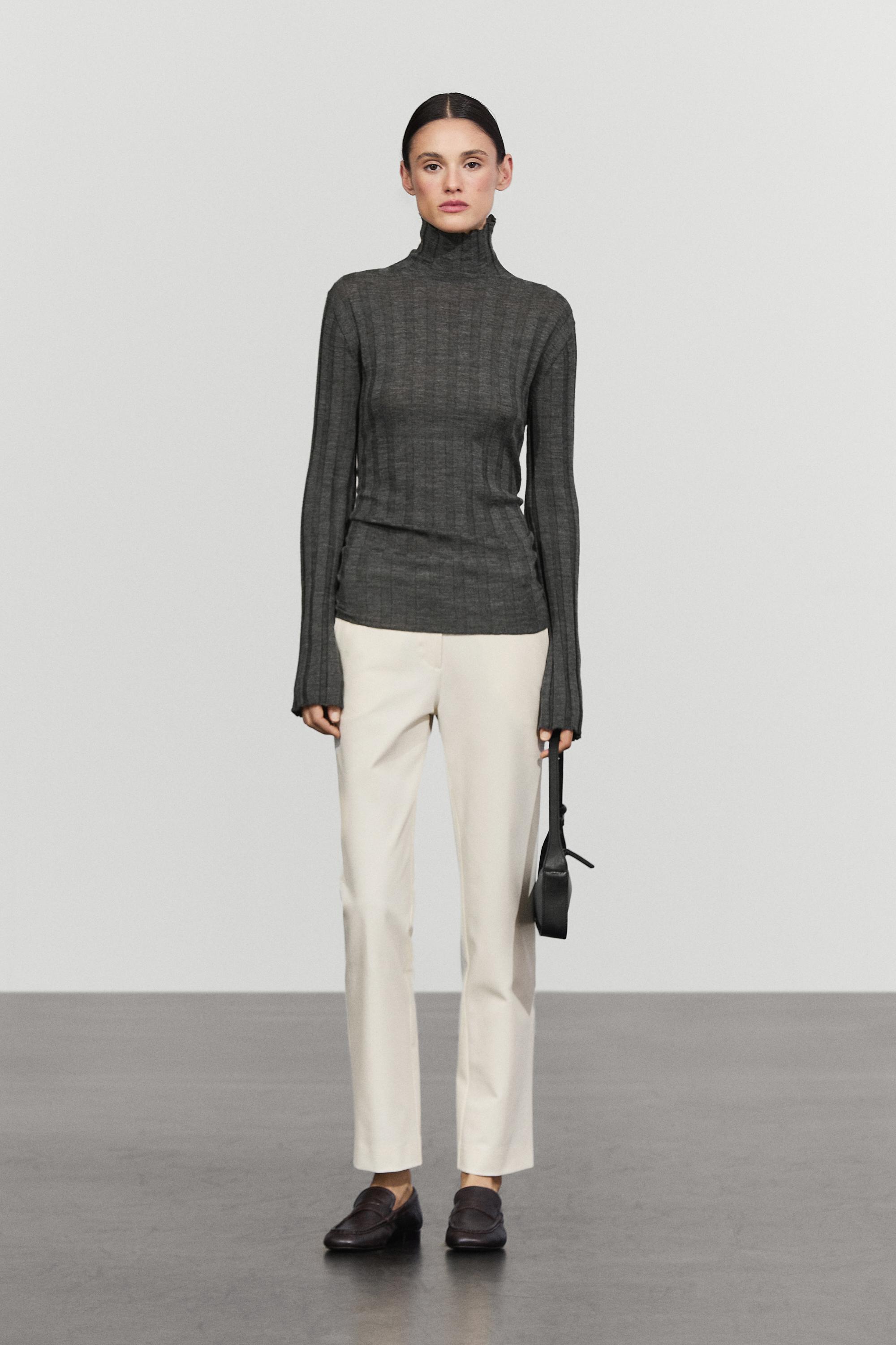 Ribbed mock turtleneck knit sweater - MEDIUM GREY
