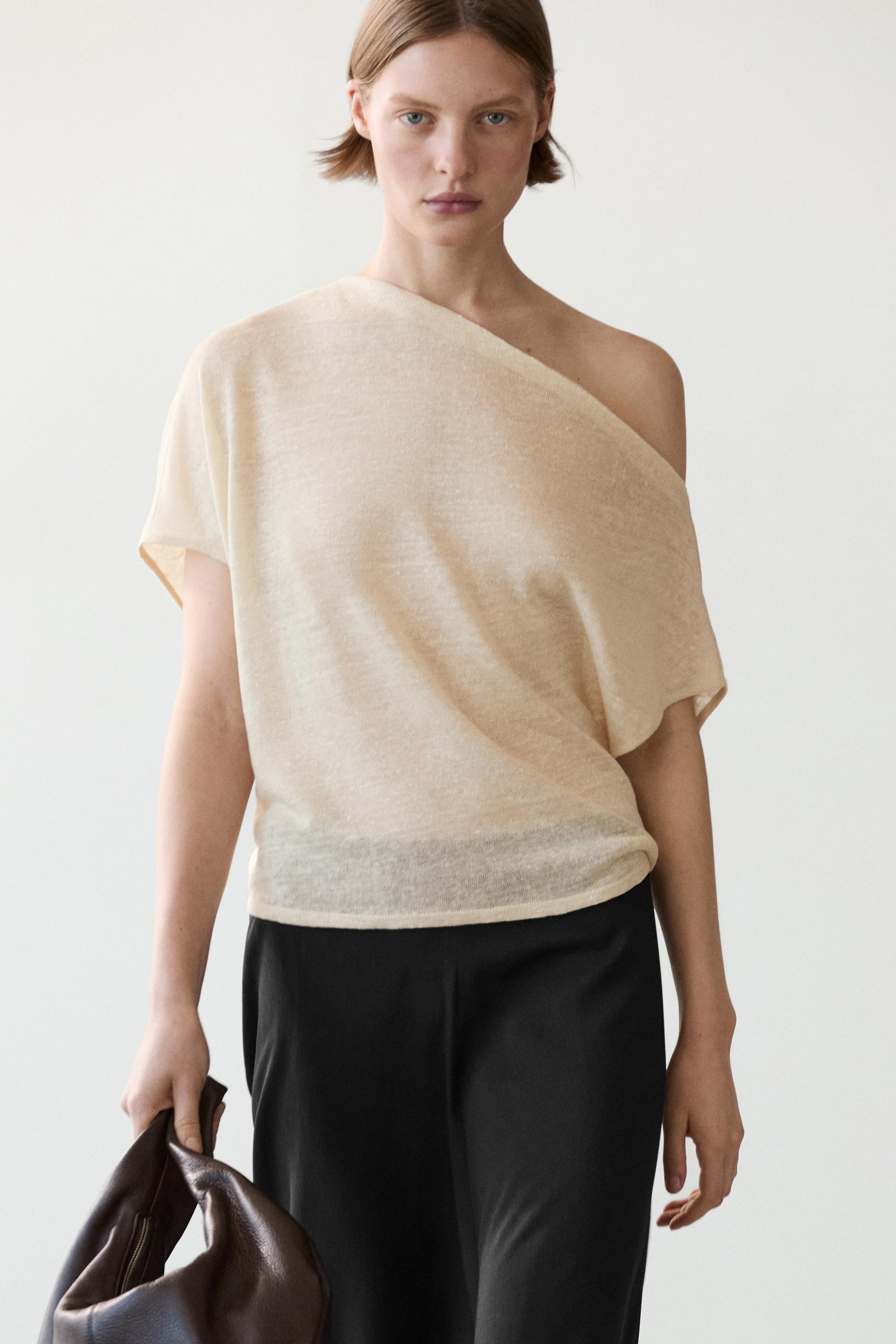 Linen blend asymmetric cropped cape — CREAM