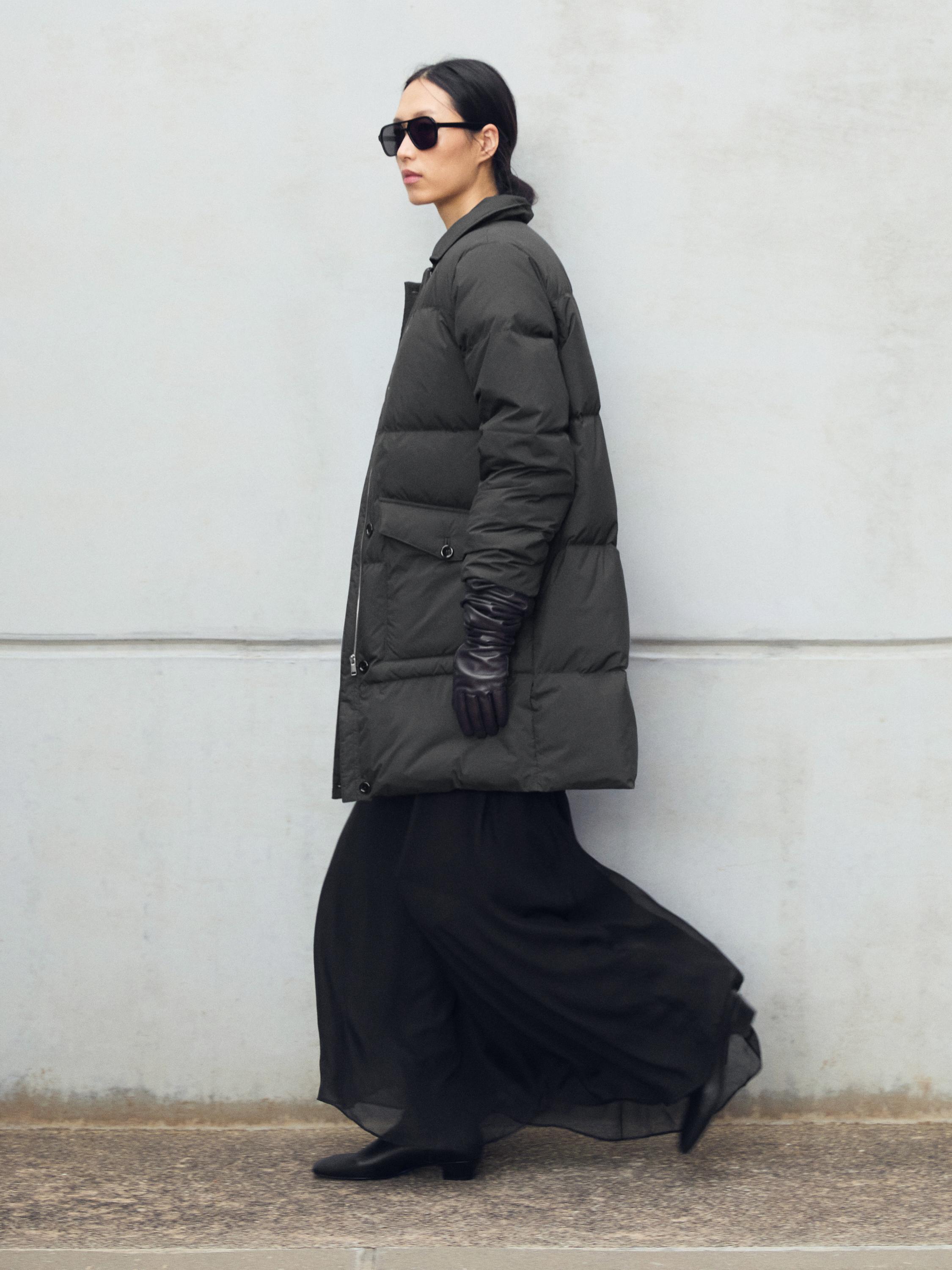 Long water-repellent down jacket with collar detail