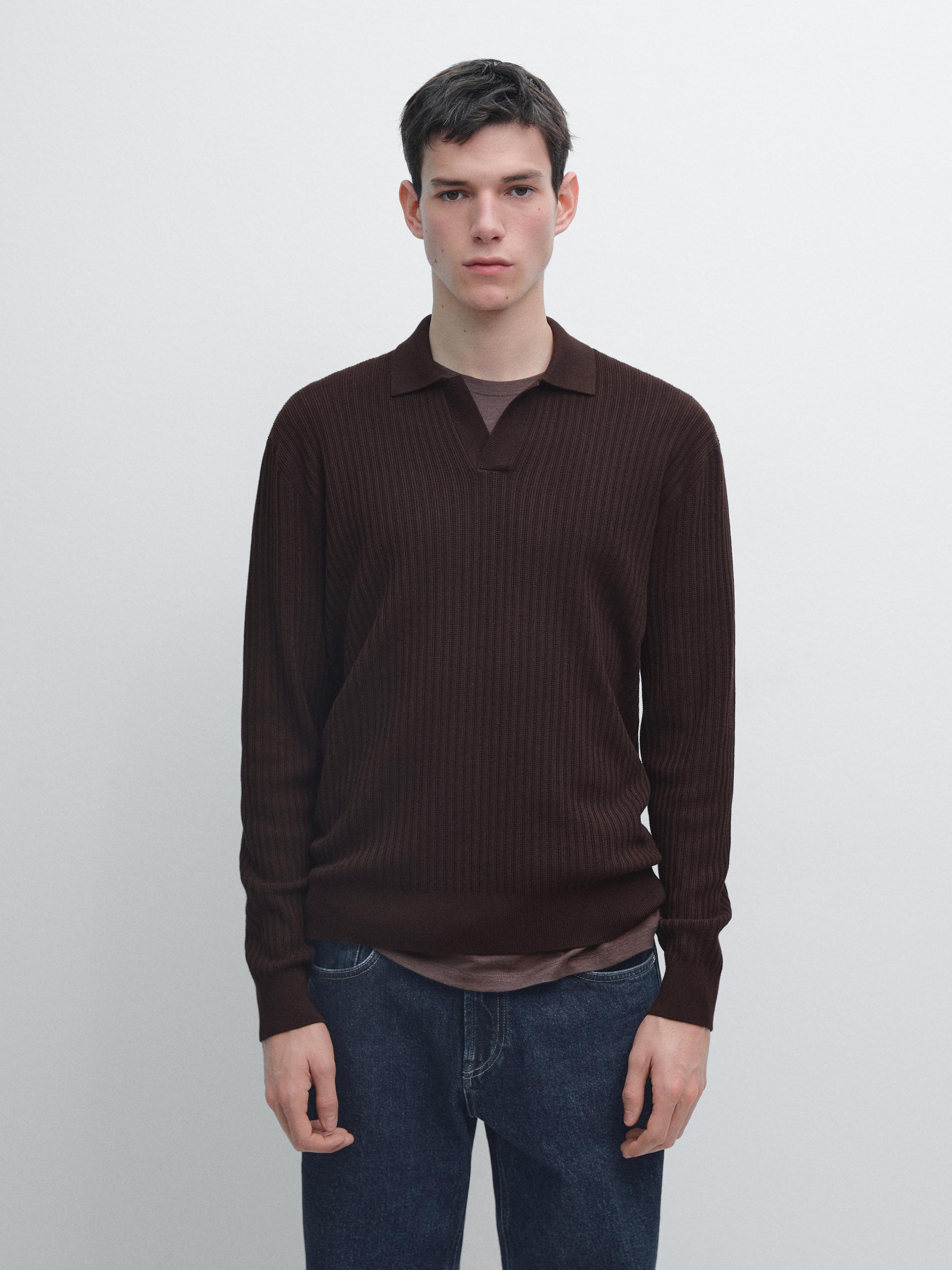 Cotton blend knit polo sweater