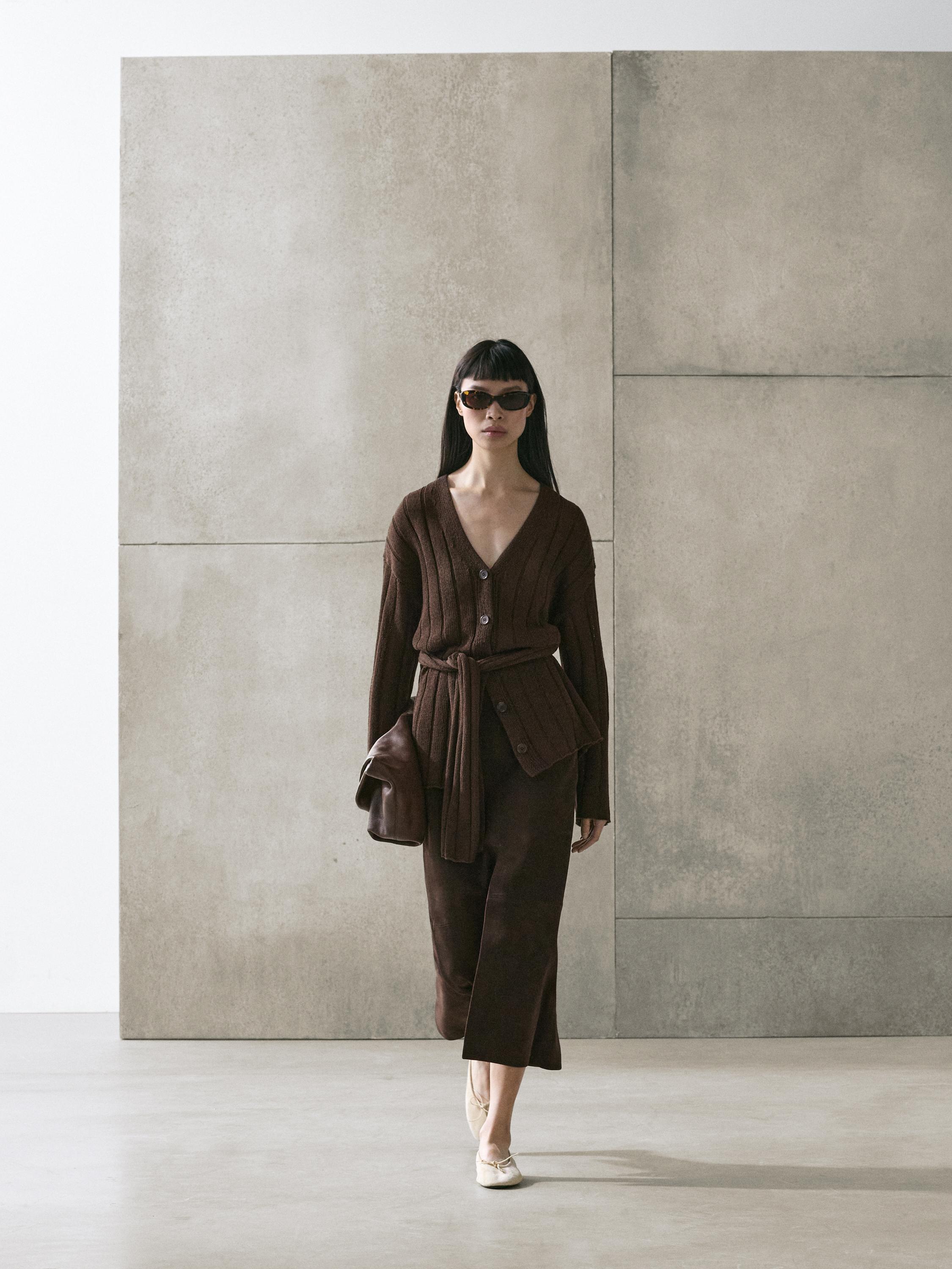 Knit cardigan with waist detail — Chocolate
