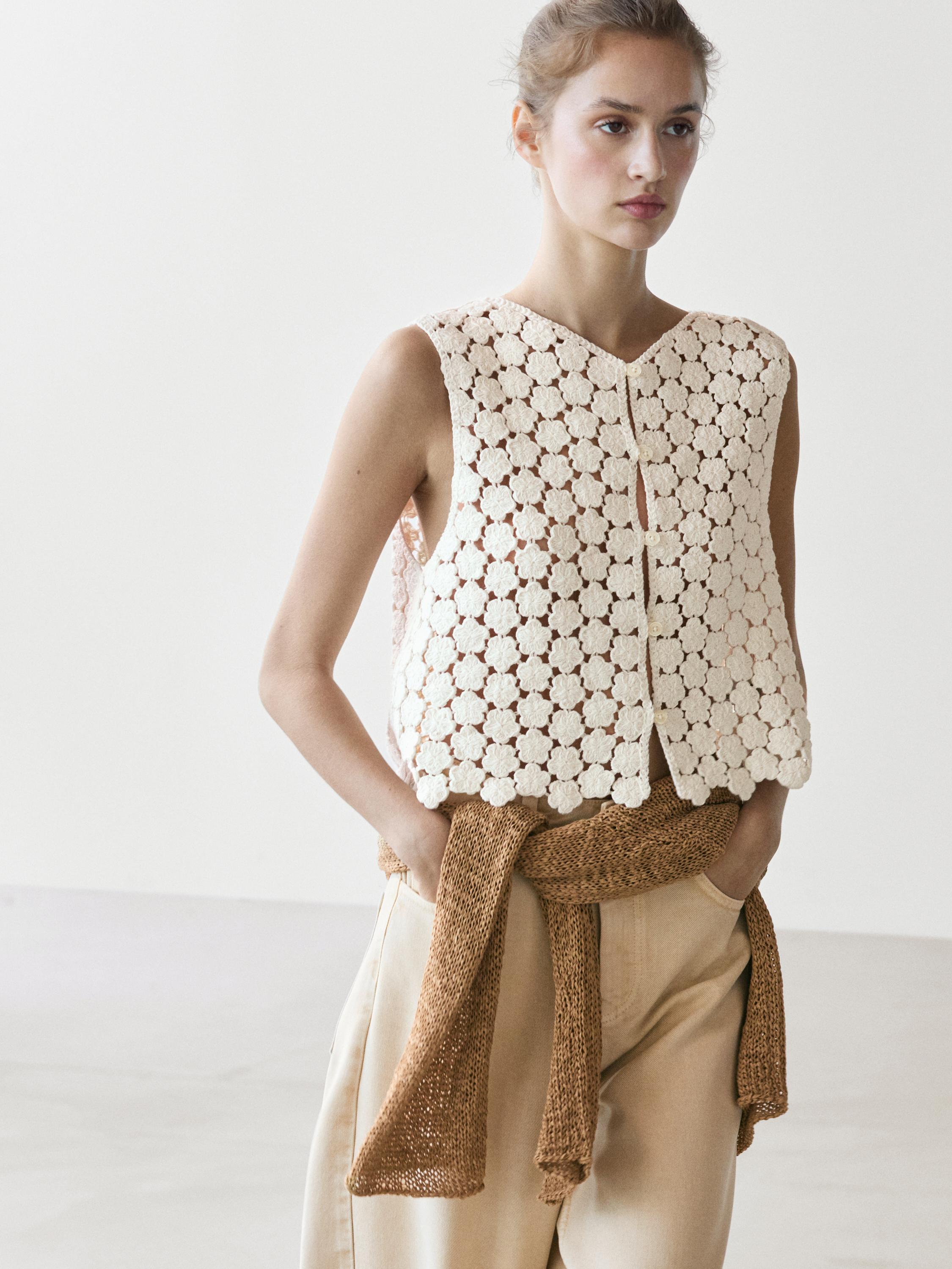 Cotton crochet vest with floral details — CREAM