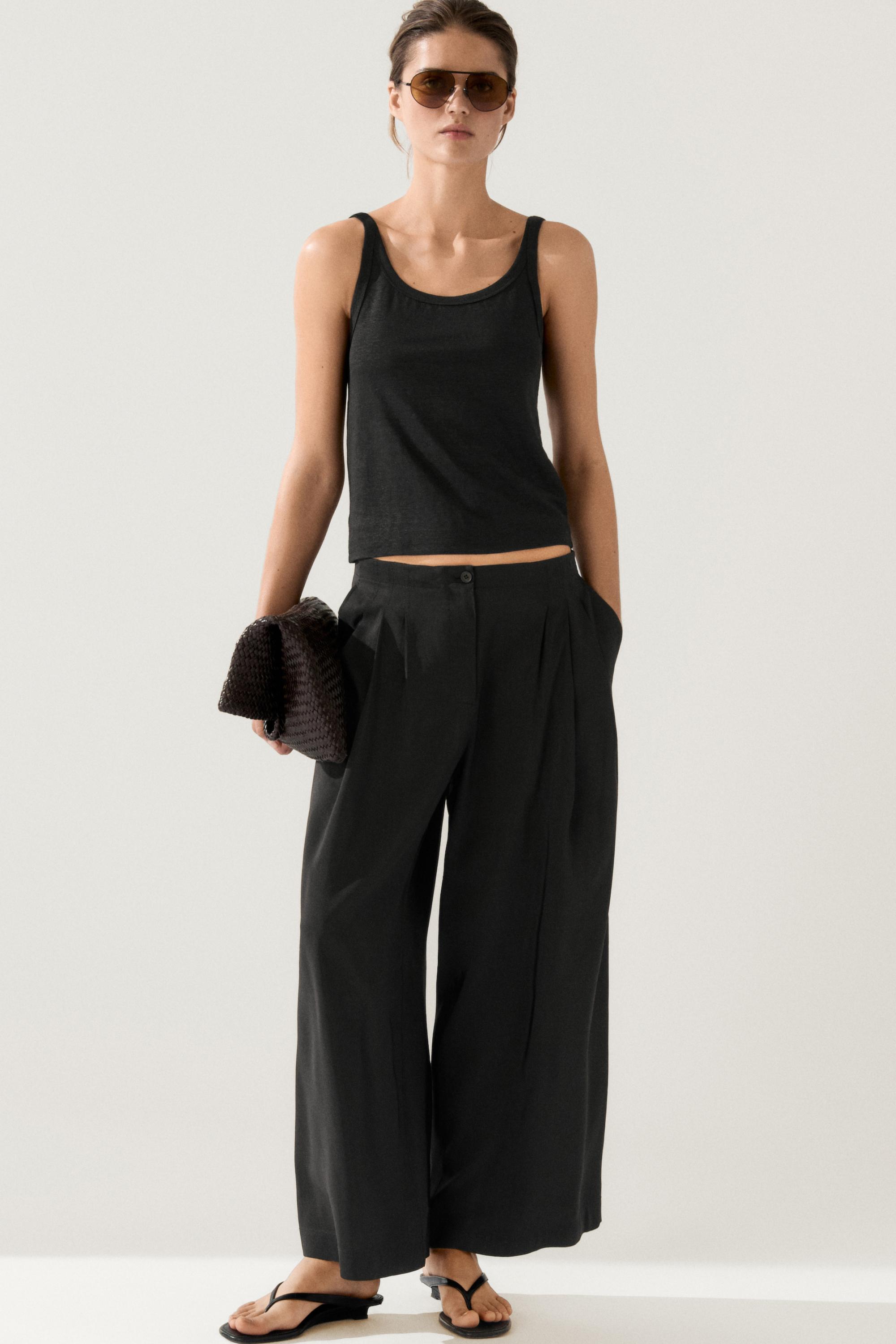 Flowing linen blend trousers — BLACK