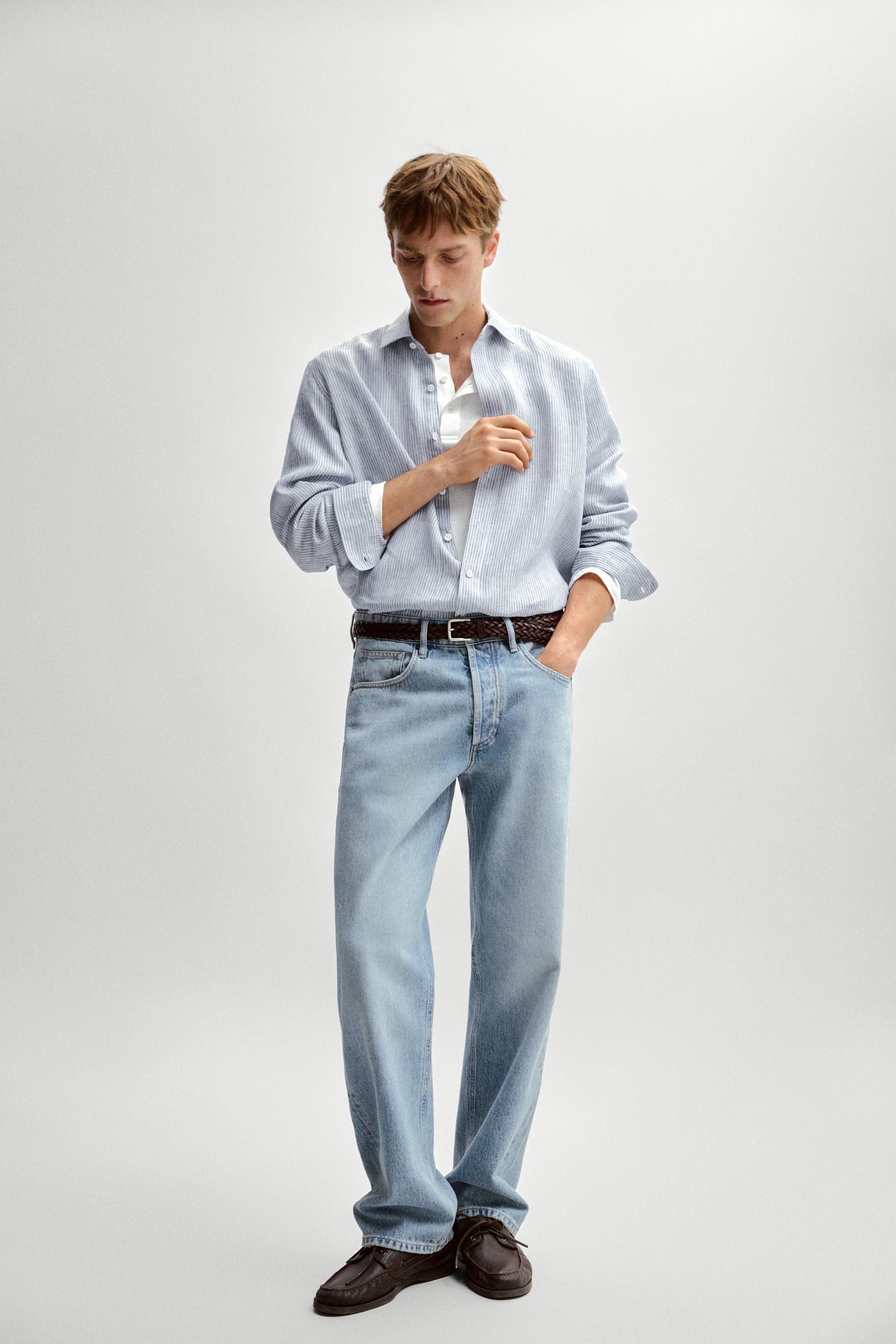 100% linen regular fit striped shirt — BLUE