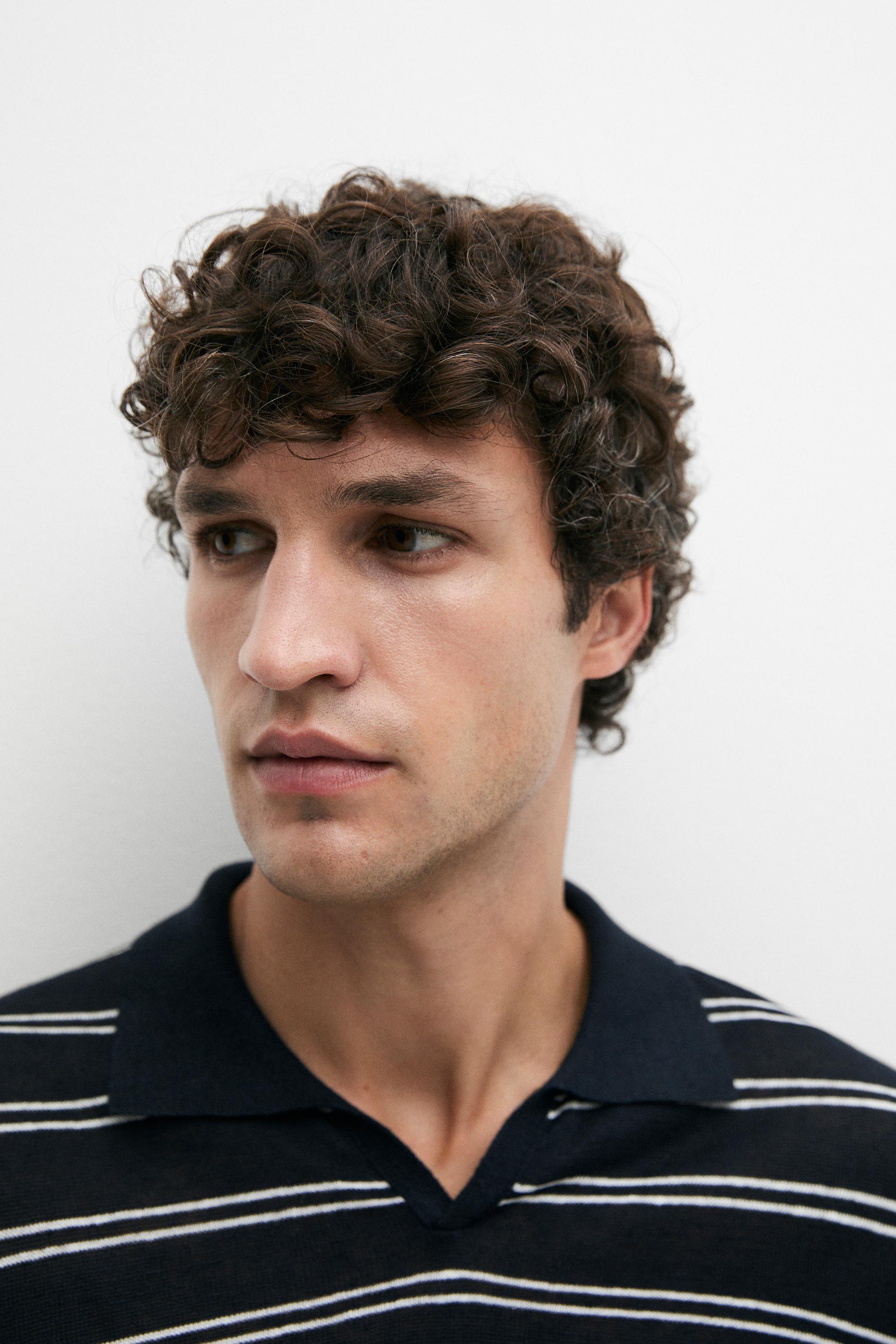 Striped 100% linen V-neck polo shirt — NAVY BLUE