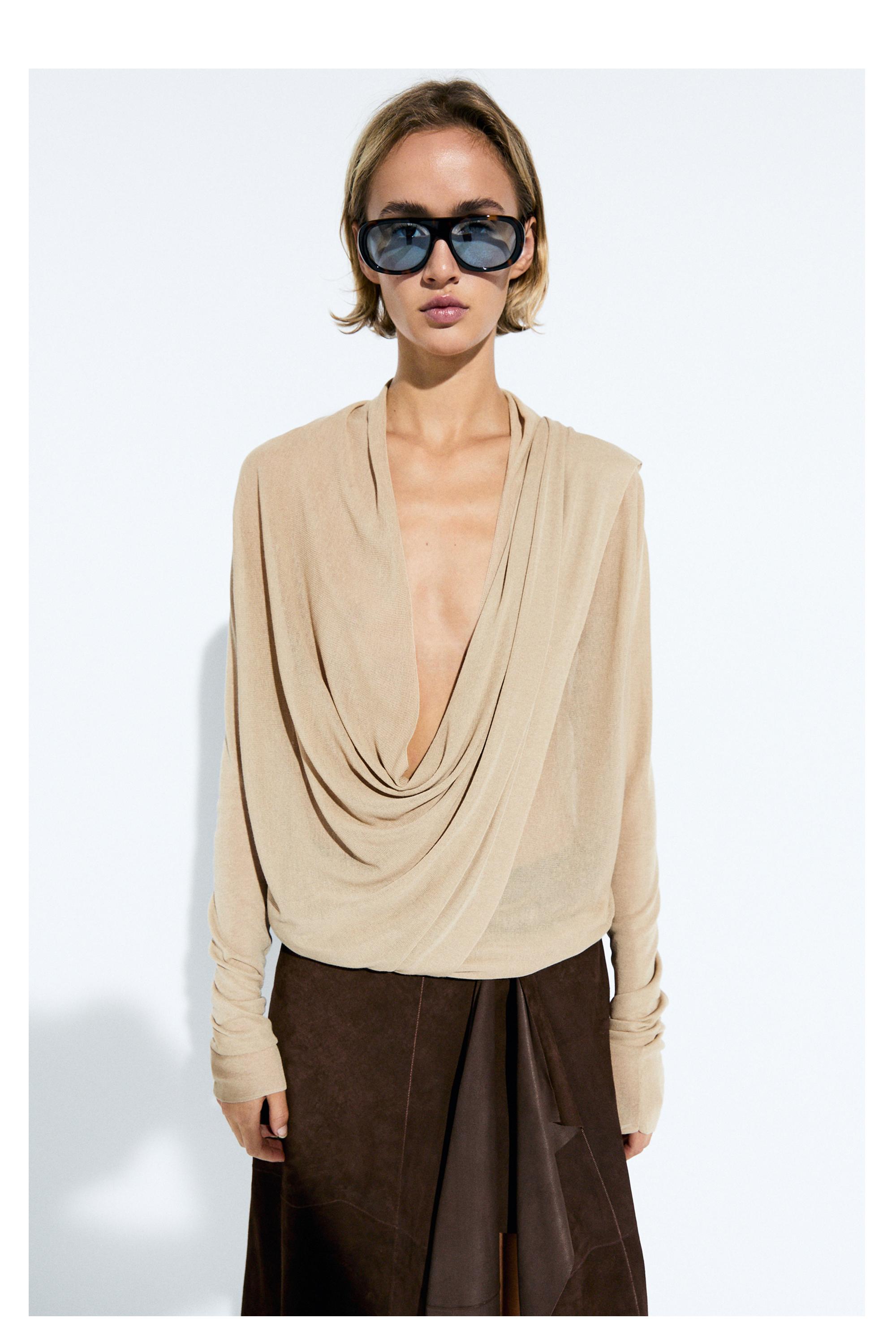 Draped wrap-effect knit cardigan — SAND