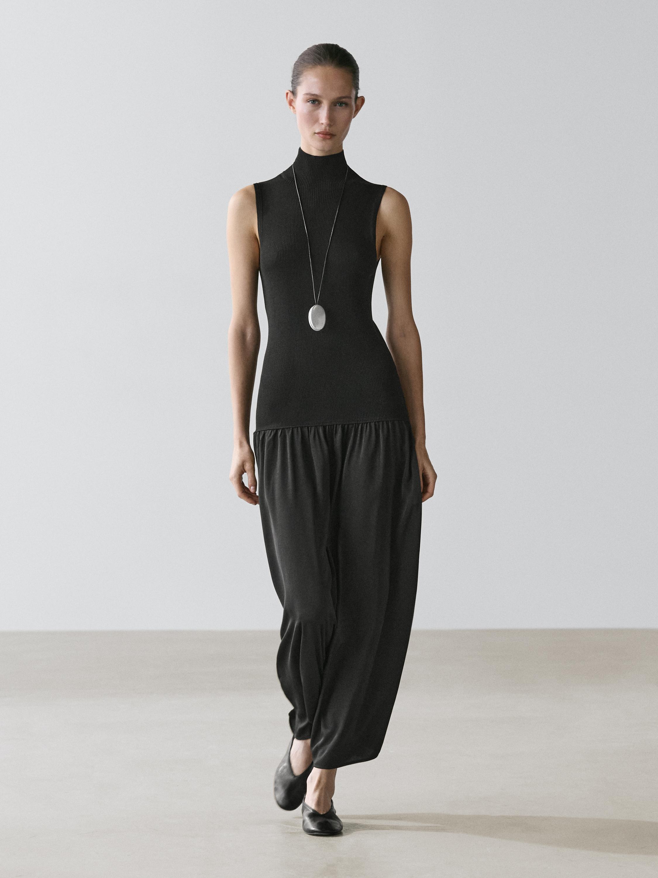 Knit midi dress with contrast detail — BLACK
