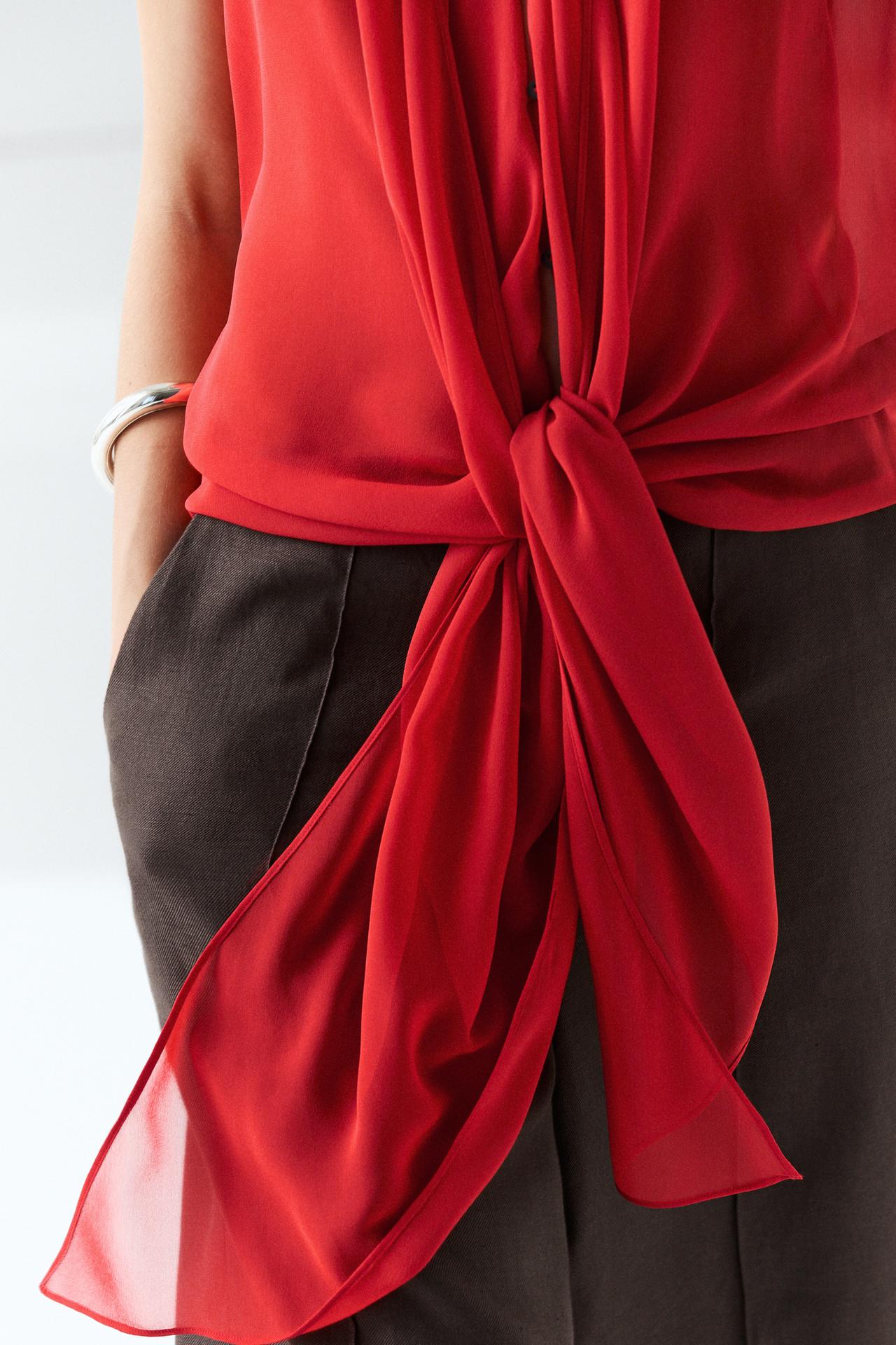 100% silk semi-sheer top with tie — RED