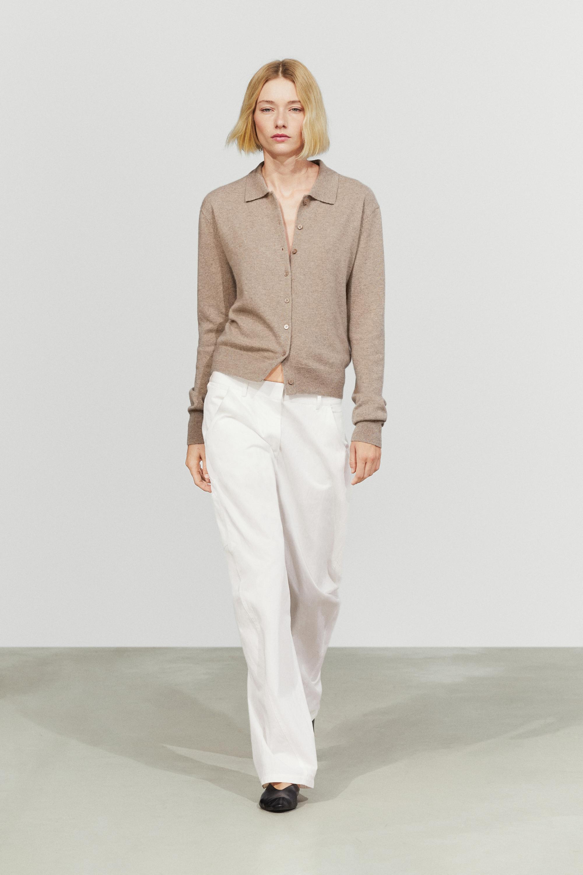 100% cashmere knit polo collar cardigan