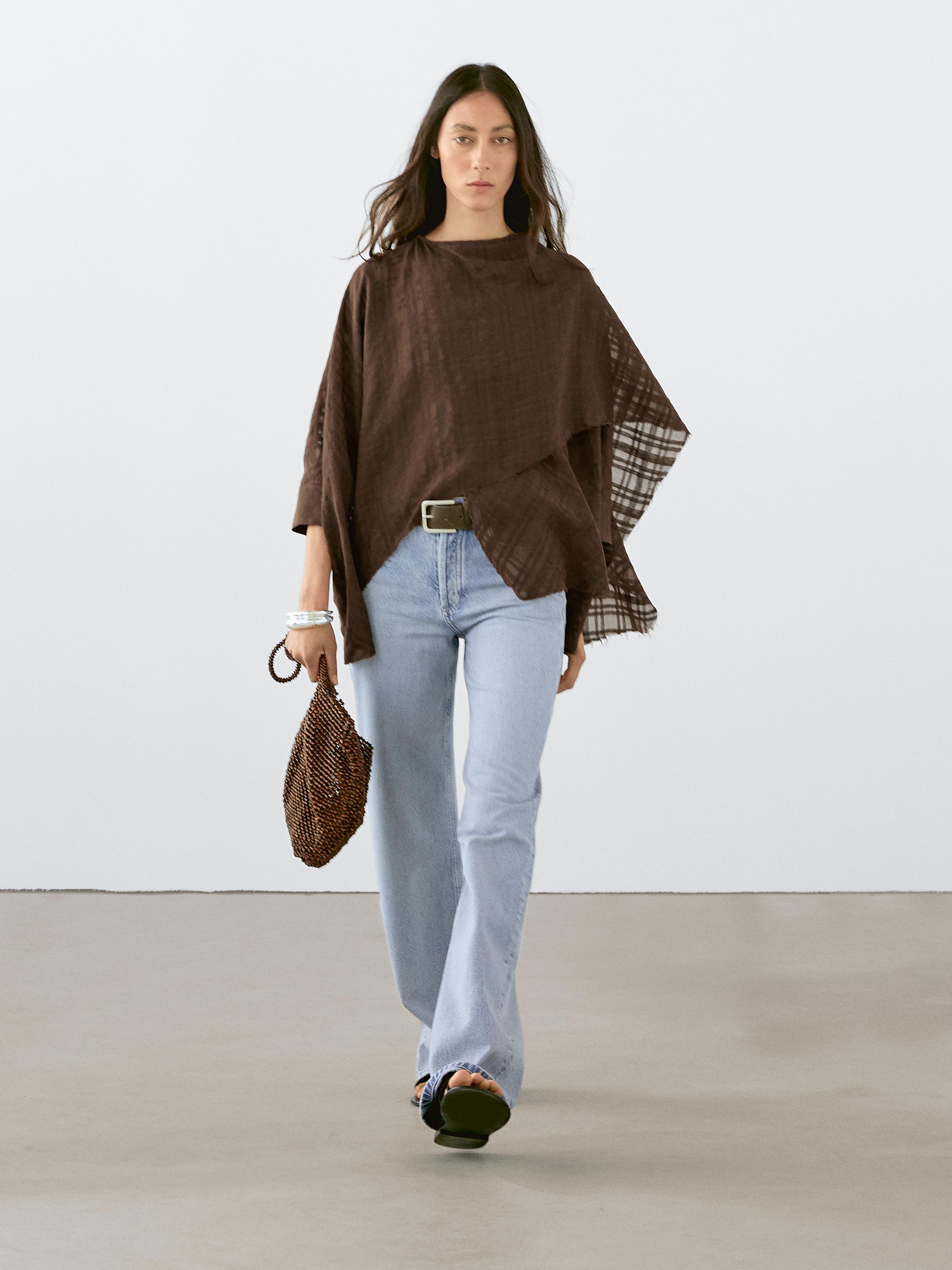 Checked linen blend cape