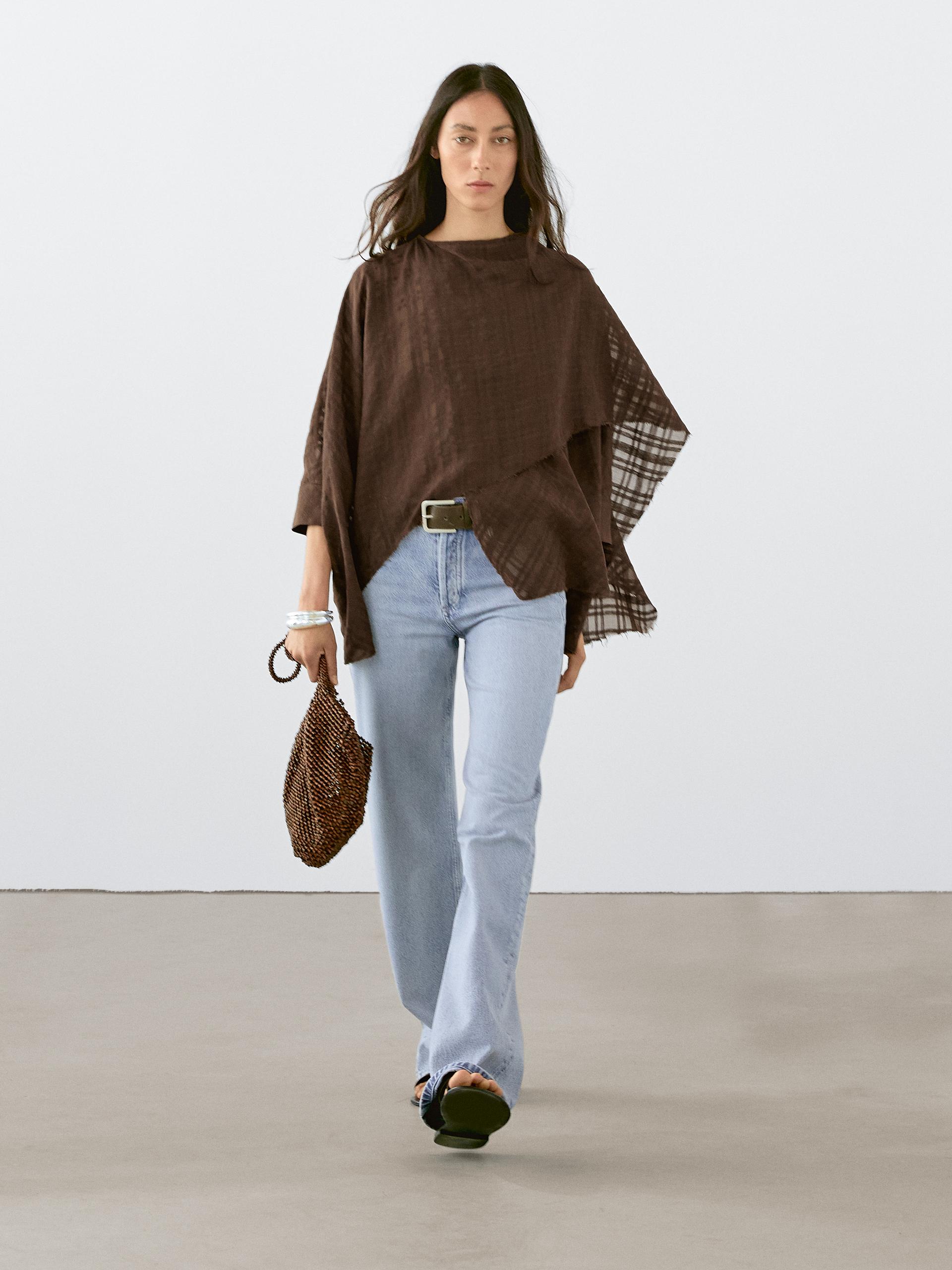 Mantella In Misto Lino A Quadri - Marrone - Xs-S - Massimo Dutti - Femminile