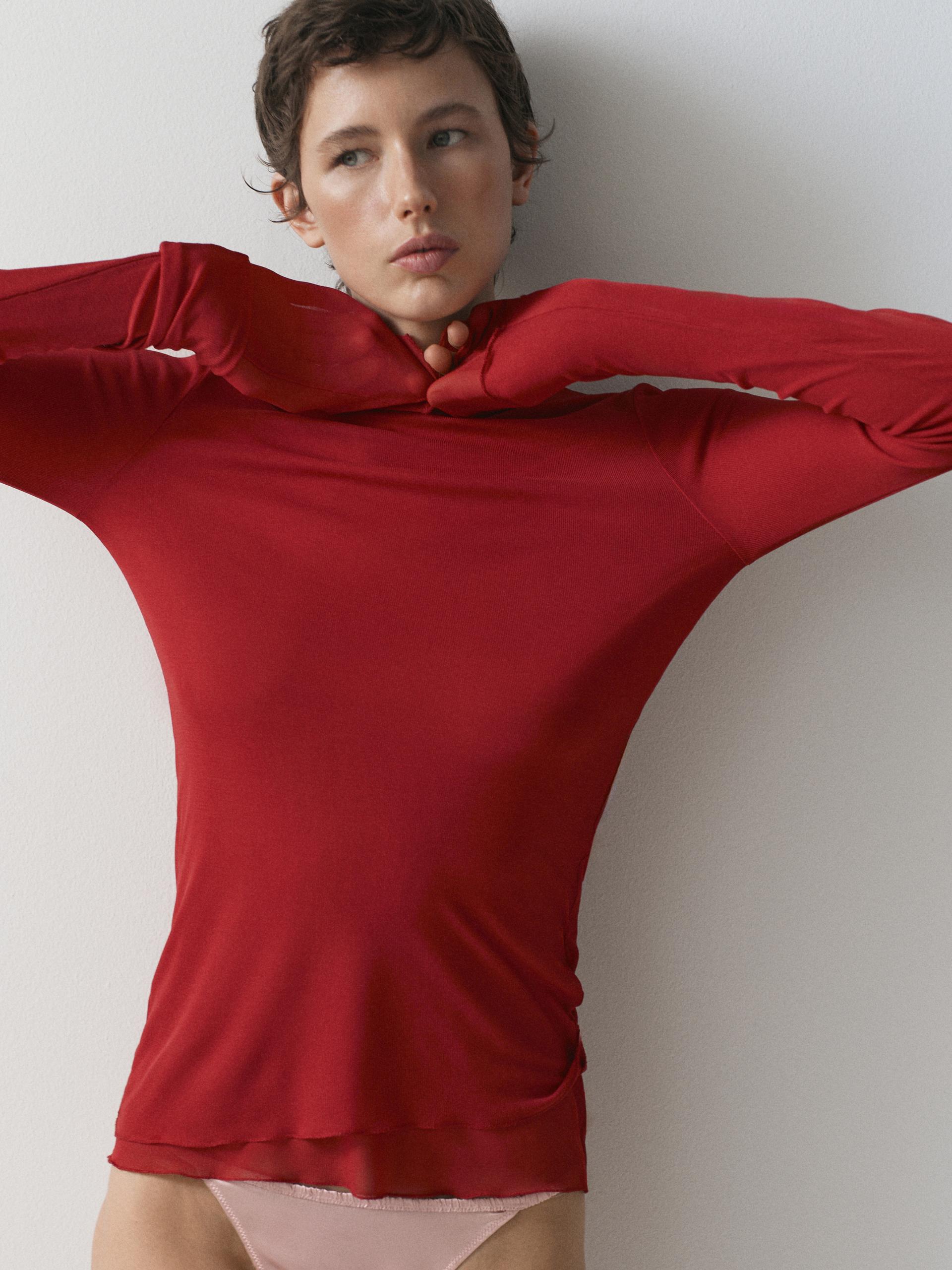 T-Shirt Manches Longues En Soie - Rouge - M - Massimo Dutti - Femme