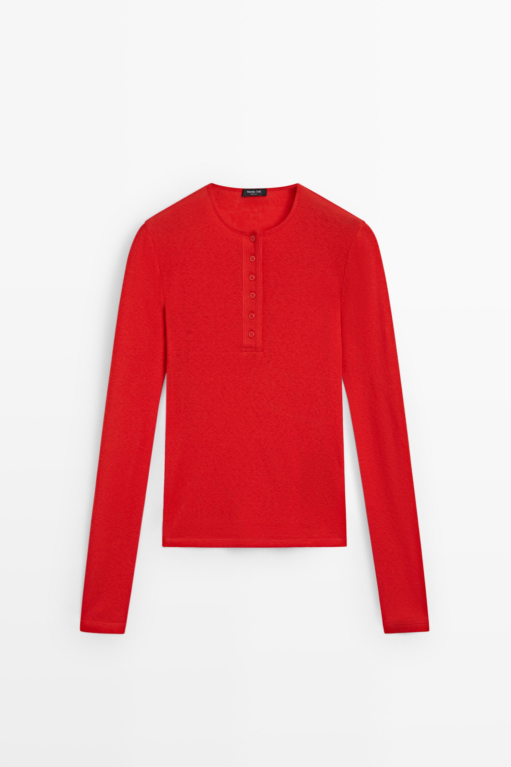 Long sleeve cotton blend henley by Massimo Dutti
