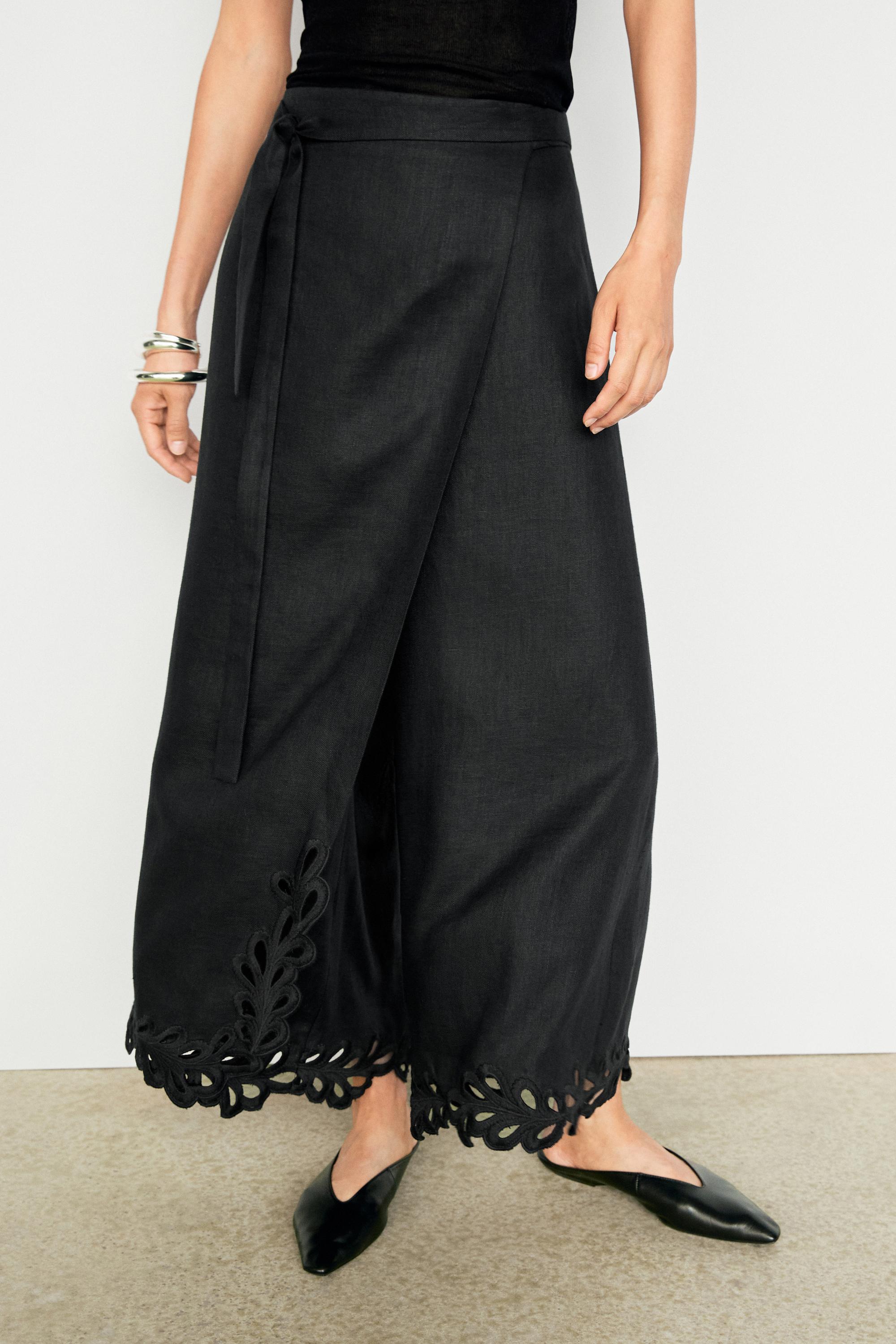 100% linen embroidered skort — BLACK