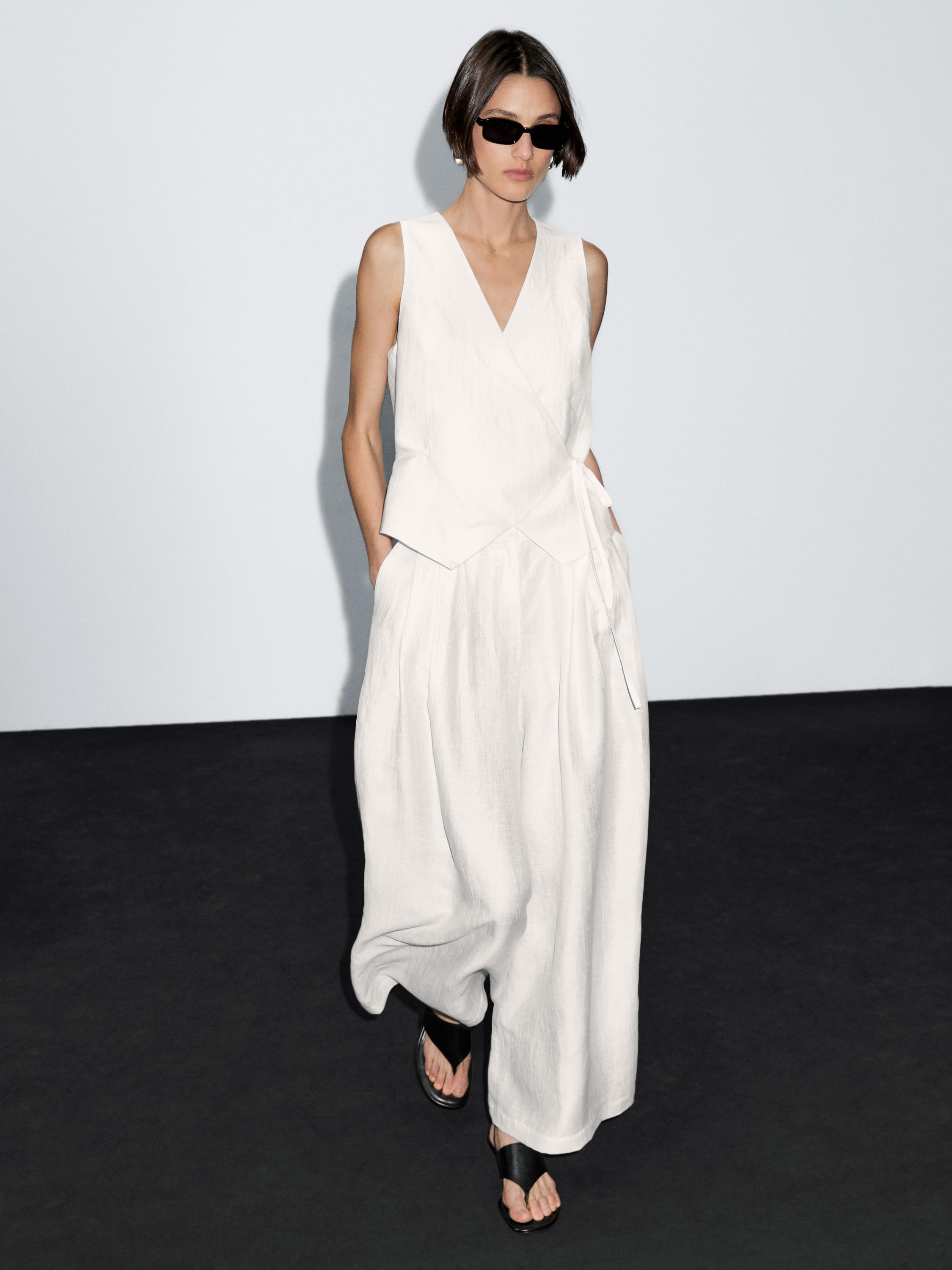Wide-leg voluminous linen blend trousers