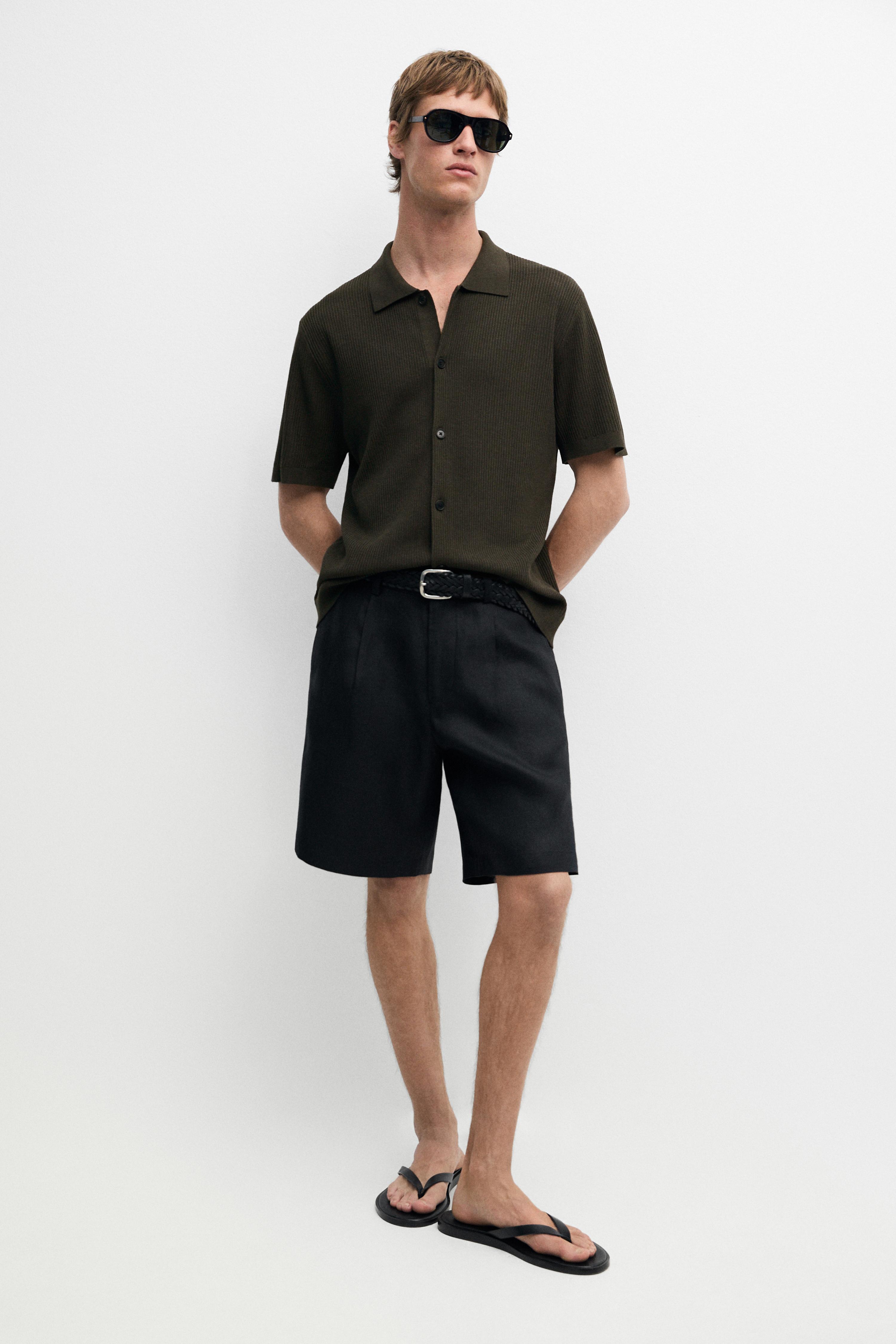 Linen Bermuda shorts with darts — BLACK