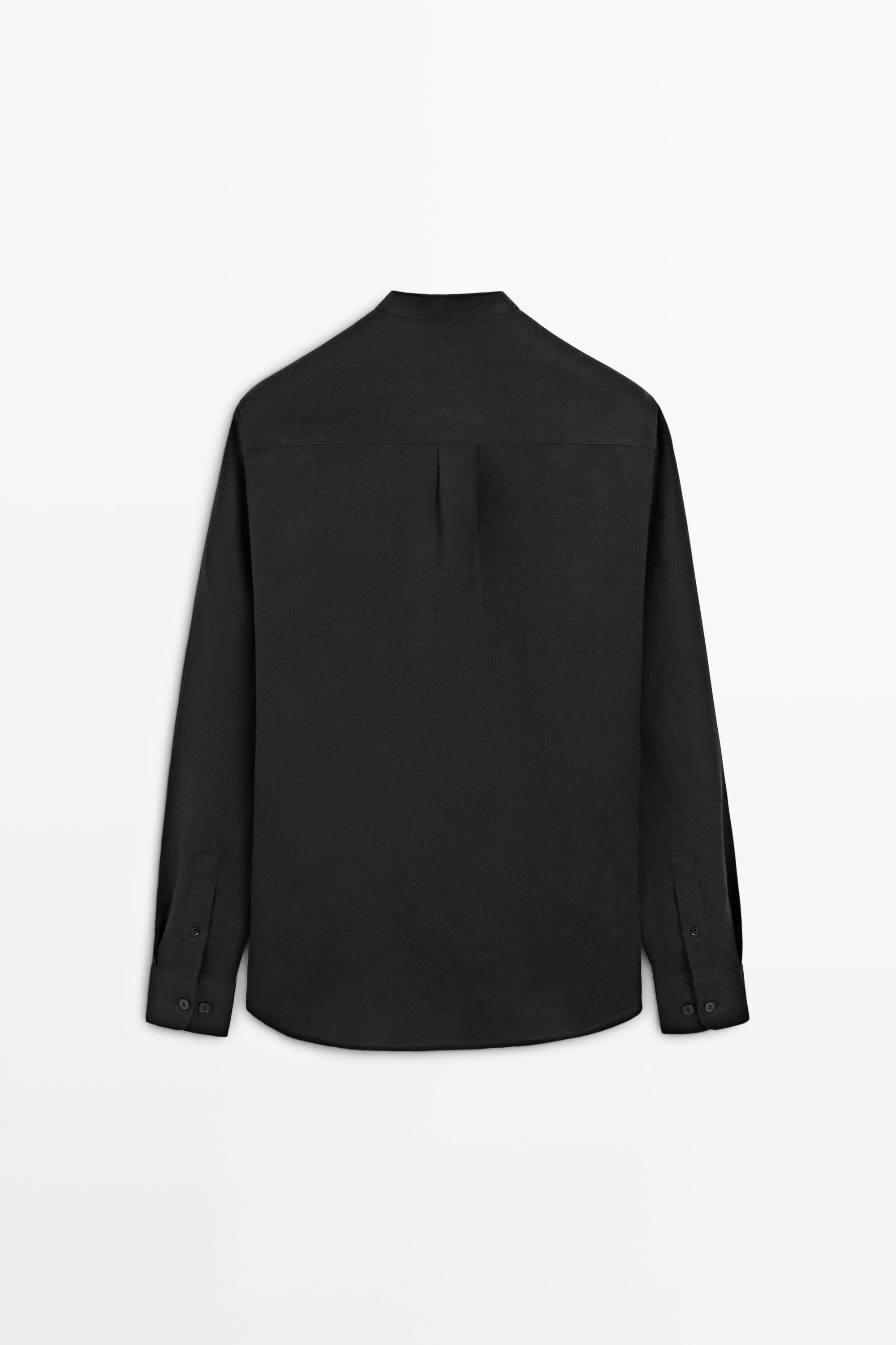 100% linen stand collar shirt — BLACK