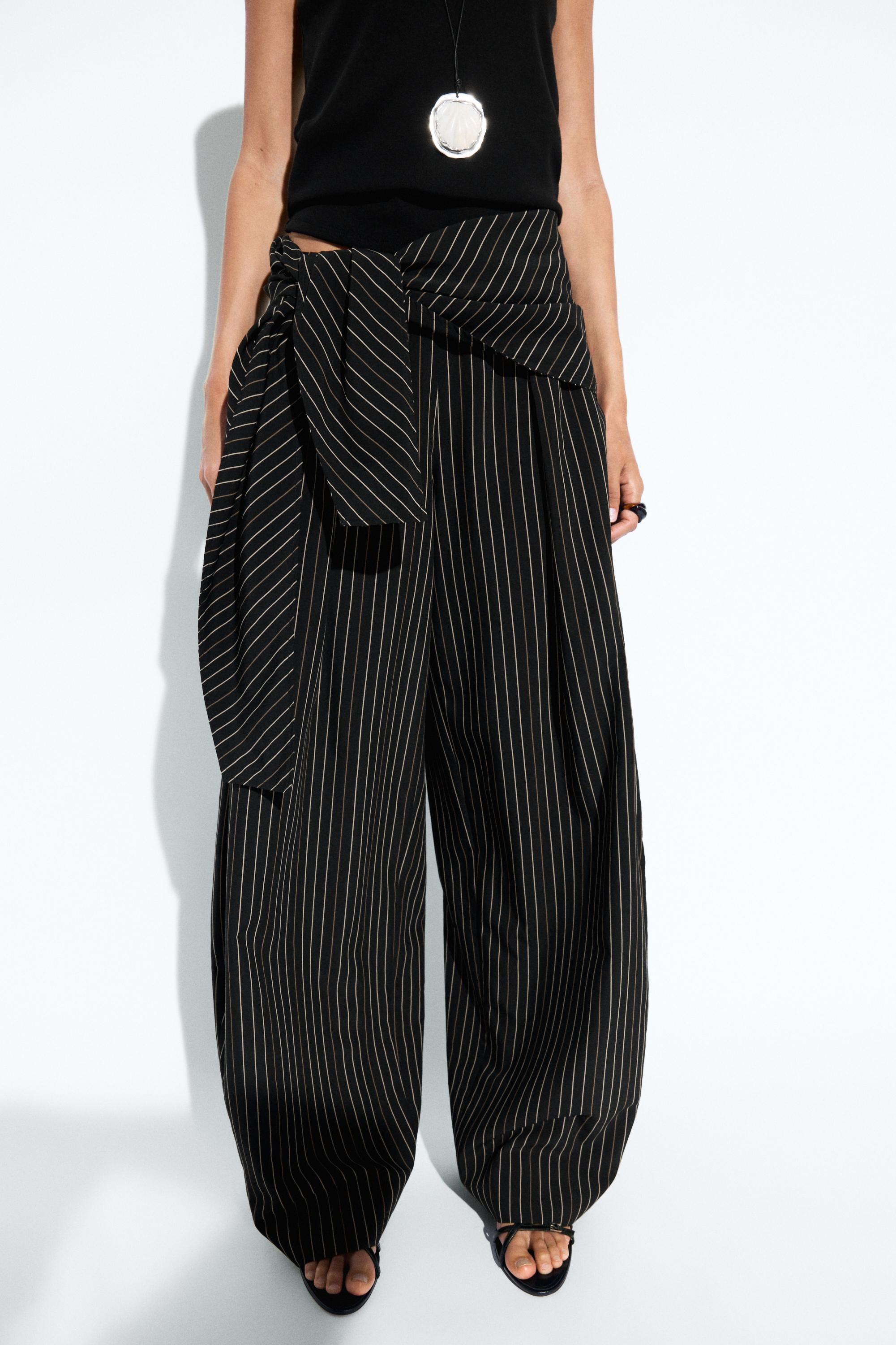 Striped barrel fit pants with scarf detail — BLACK