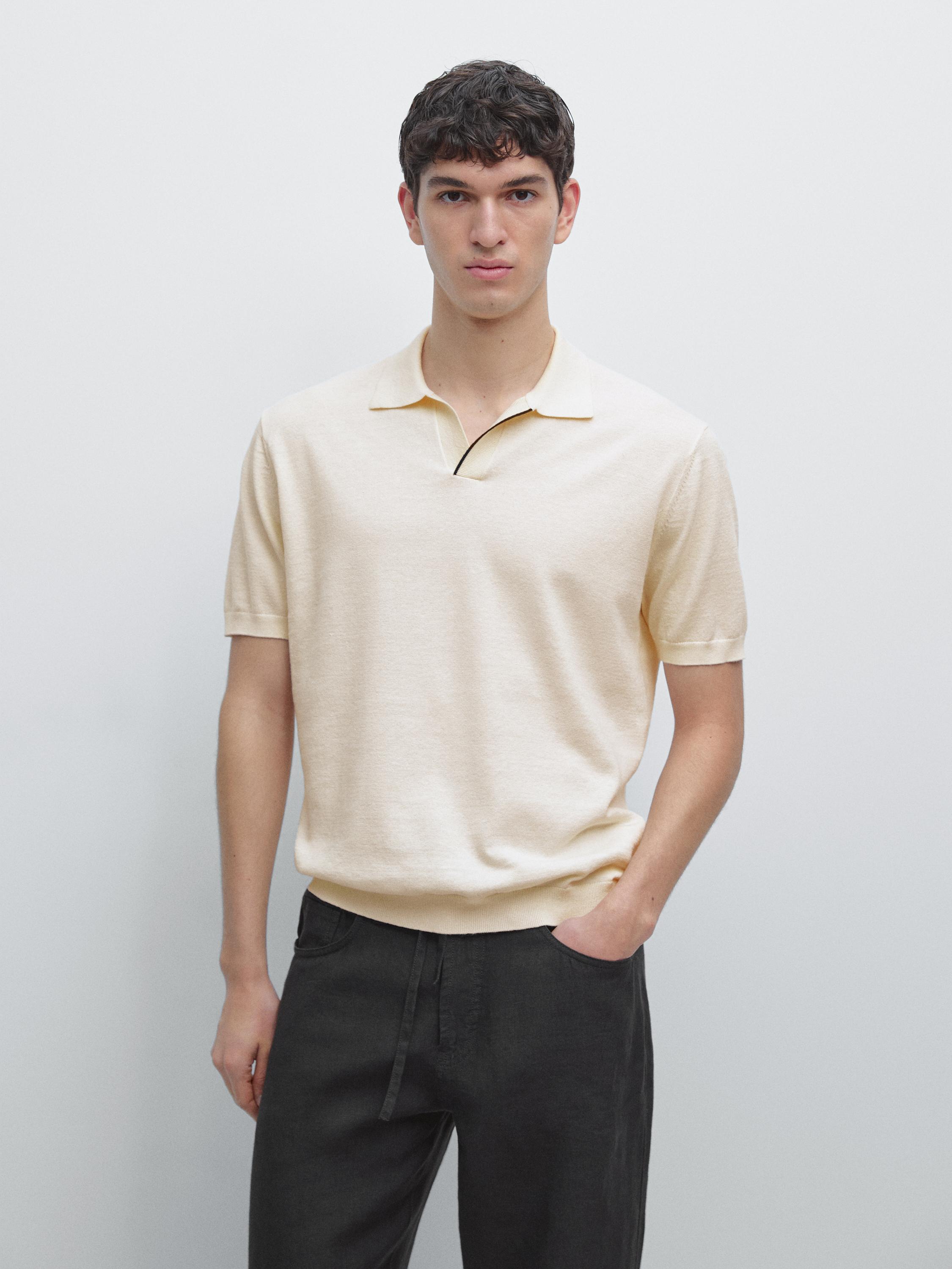 Short sleeve cotton and linen blend knit polo shirt