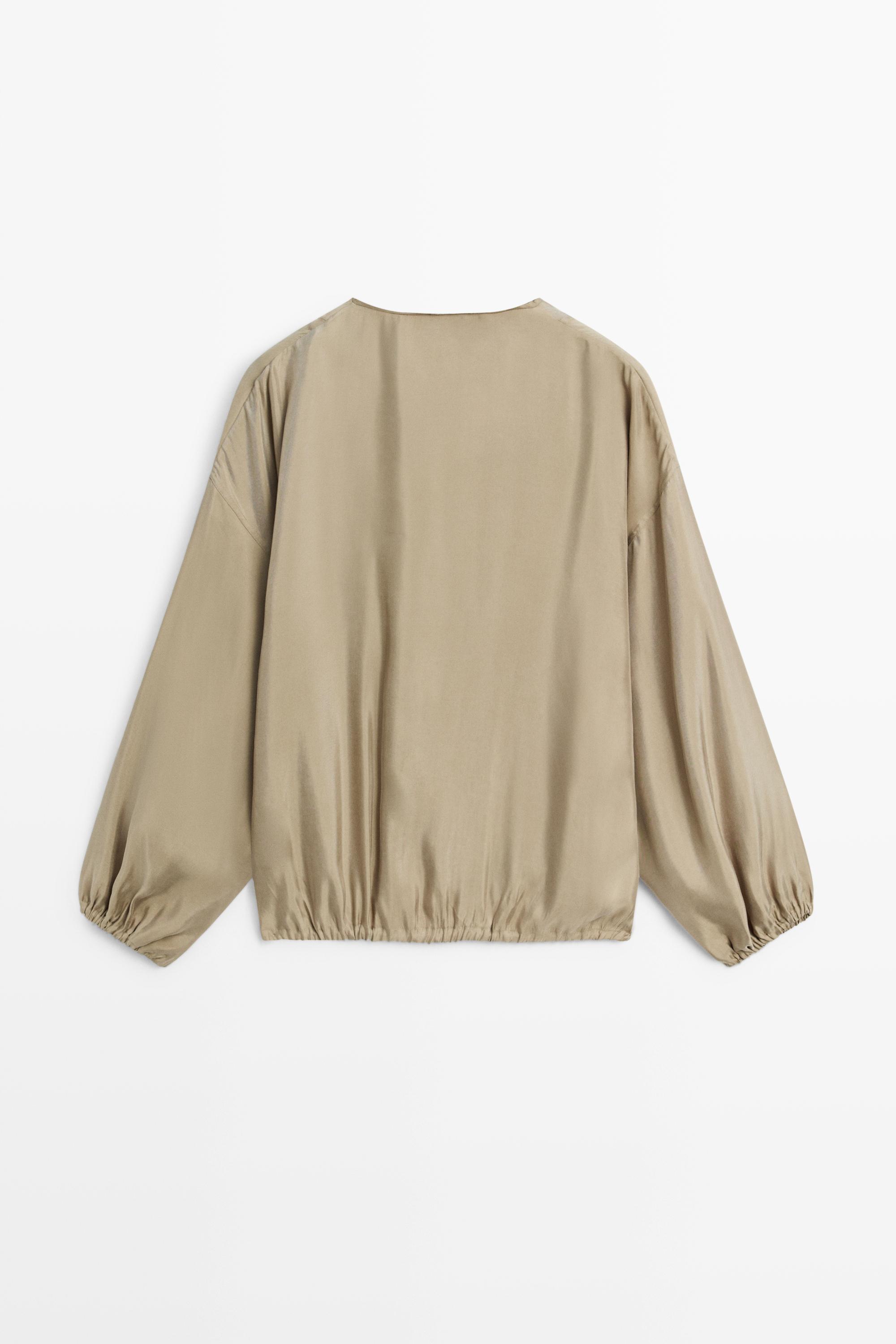 Flowing blouse with drawstring neck detail — STONE
