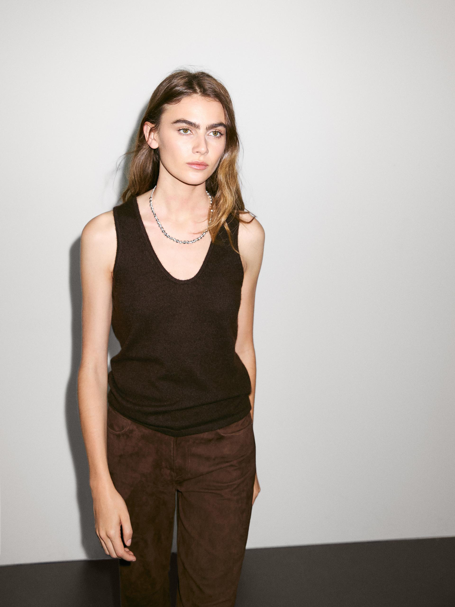 Top Ze 100% Kaszmiru Z Okrągłym Dekoltem - Brązowy - M - Massimo Dutti - Kobieta