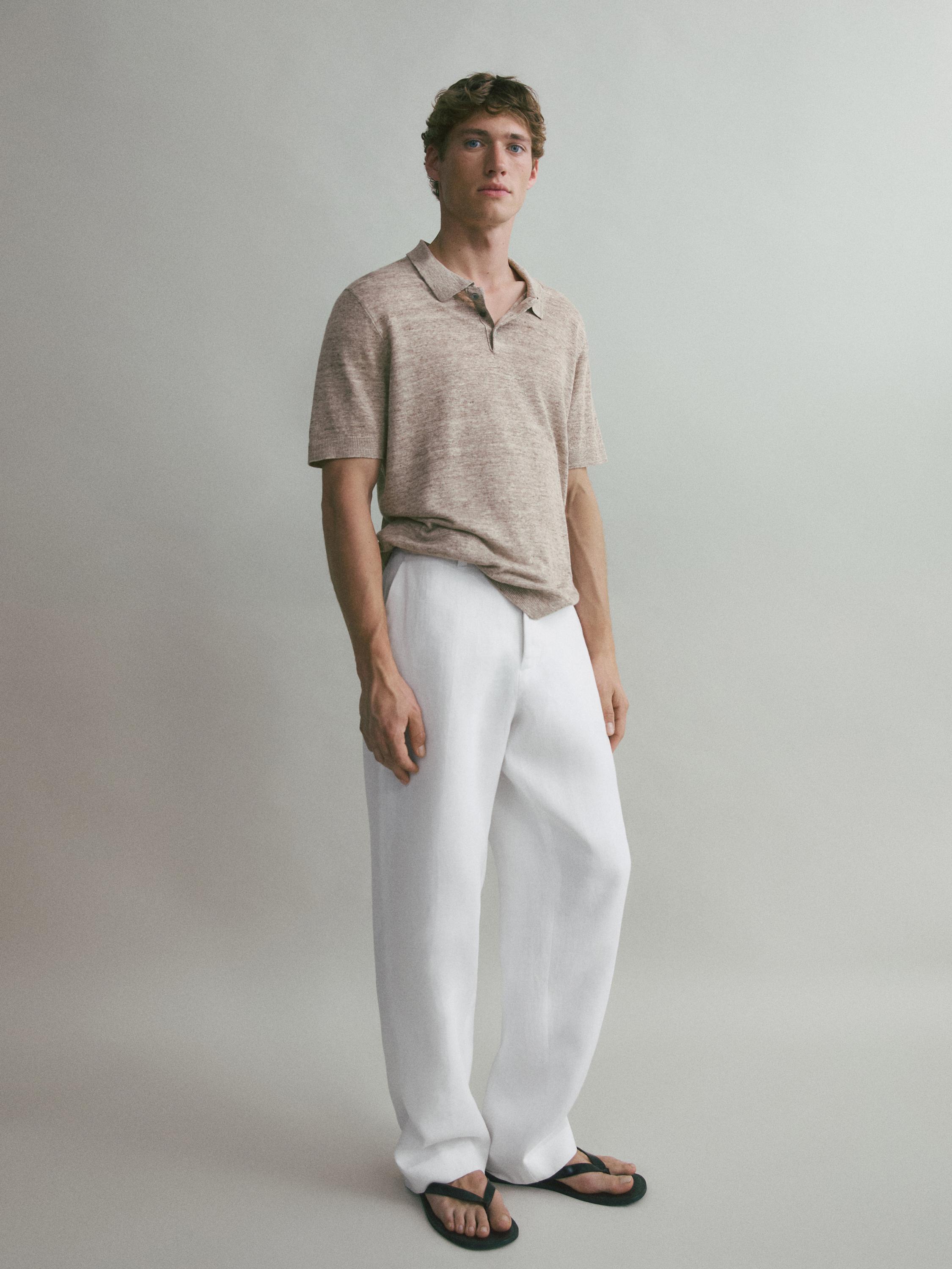 Melange linen knit polo shirt