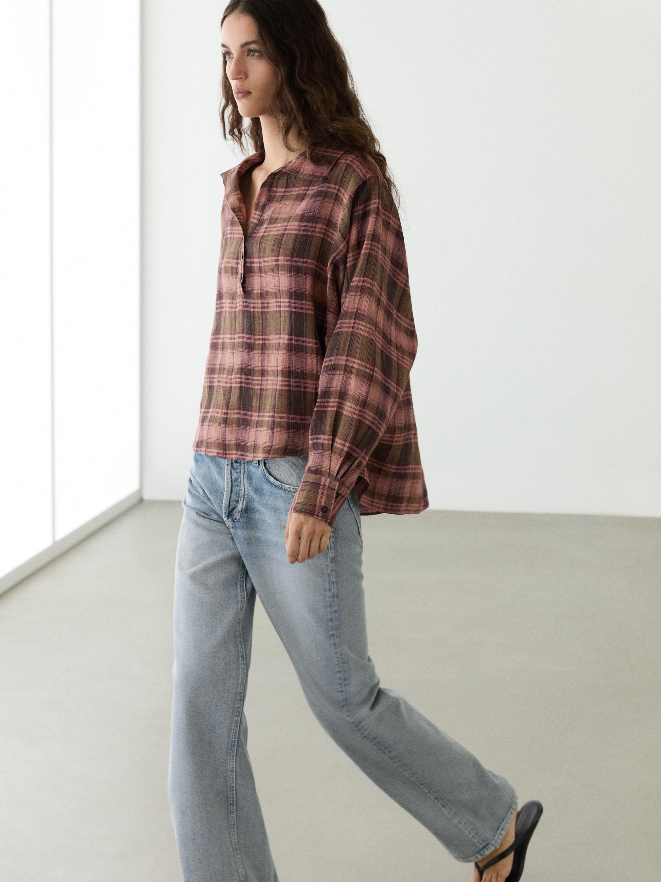 Flowing 100% linen check shirt — 0-978