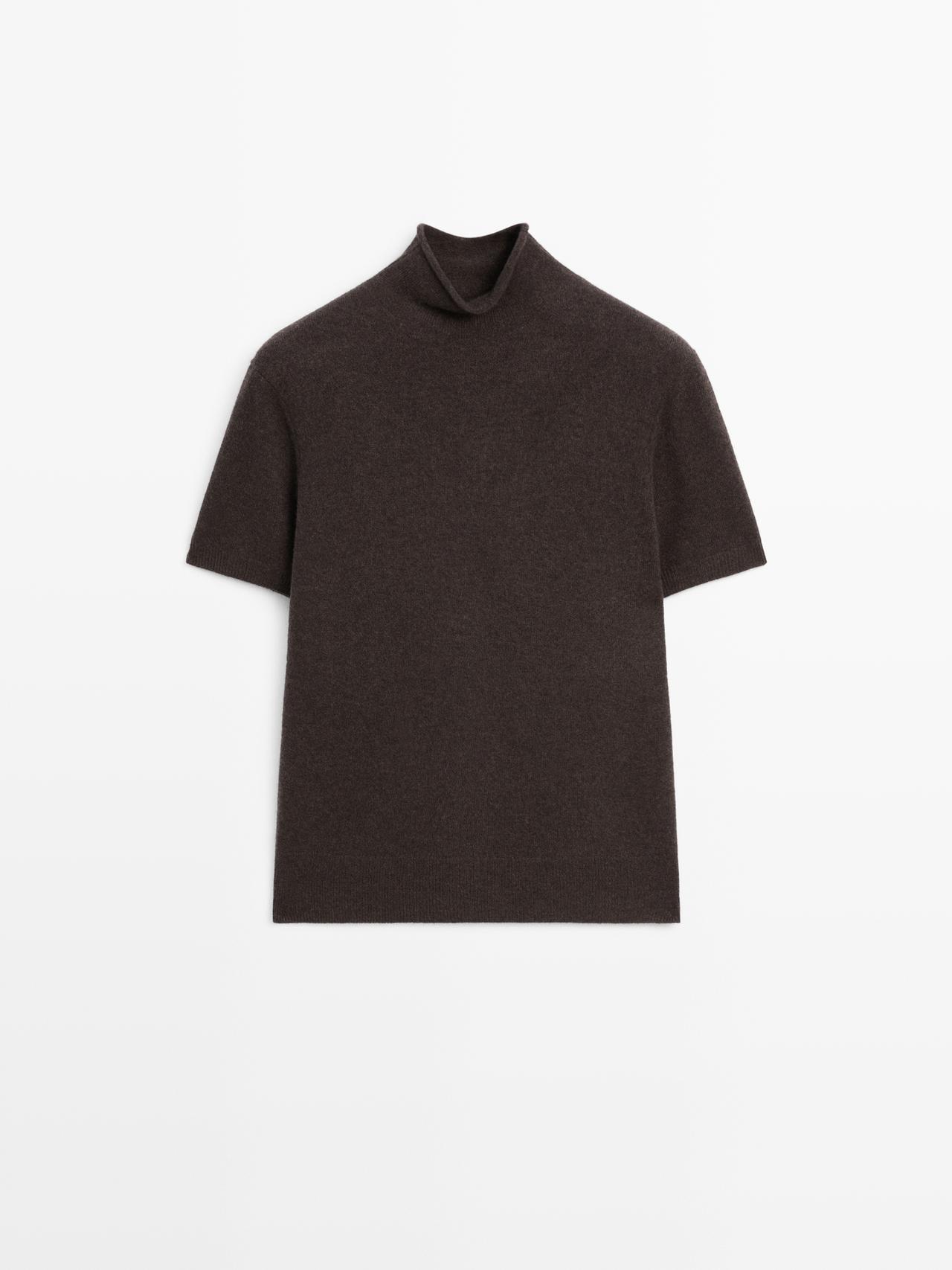 Massimo Dutti - Dame - Striktrøje I Uldblanding Med Korte Ærmer - Chokolade - S