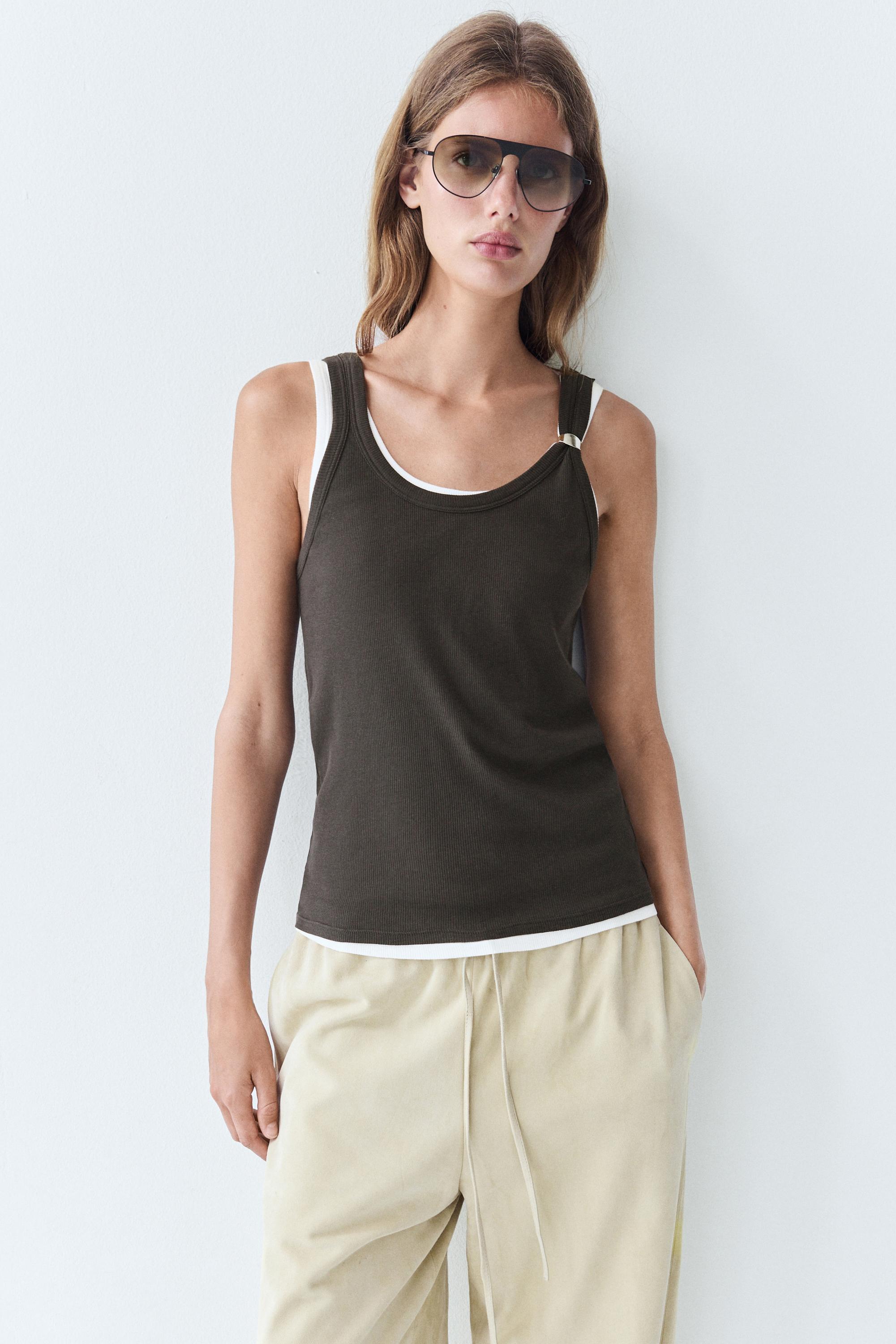 Double-layer strappy top with jewel detail — BROWN