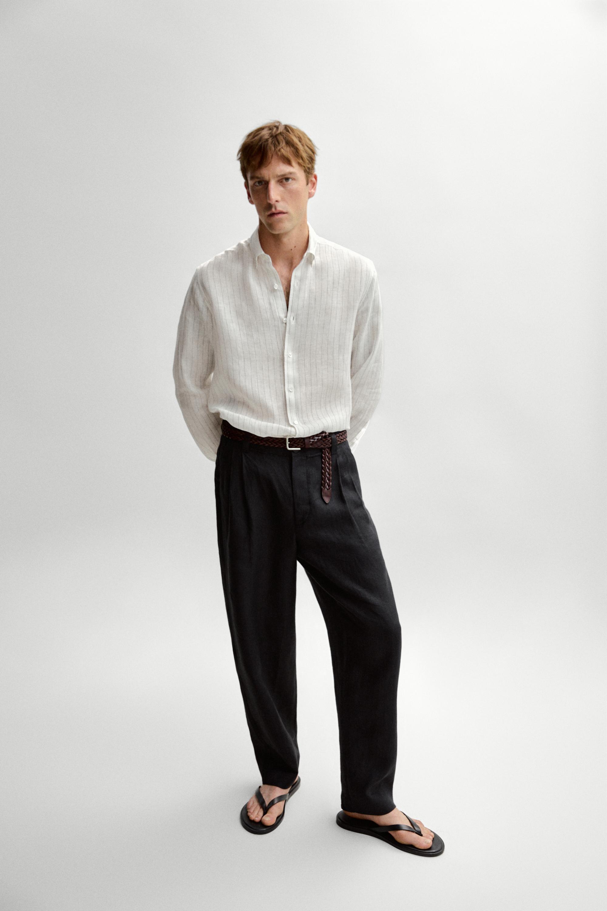 100% linen regular fit striped shirt — CREAM