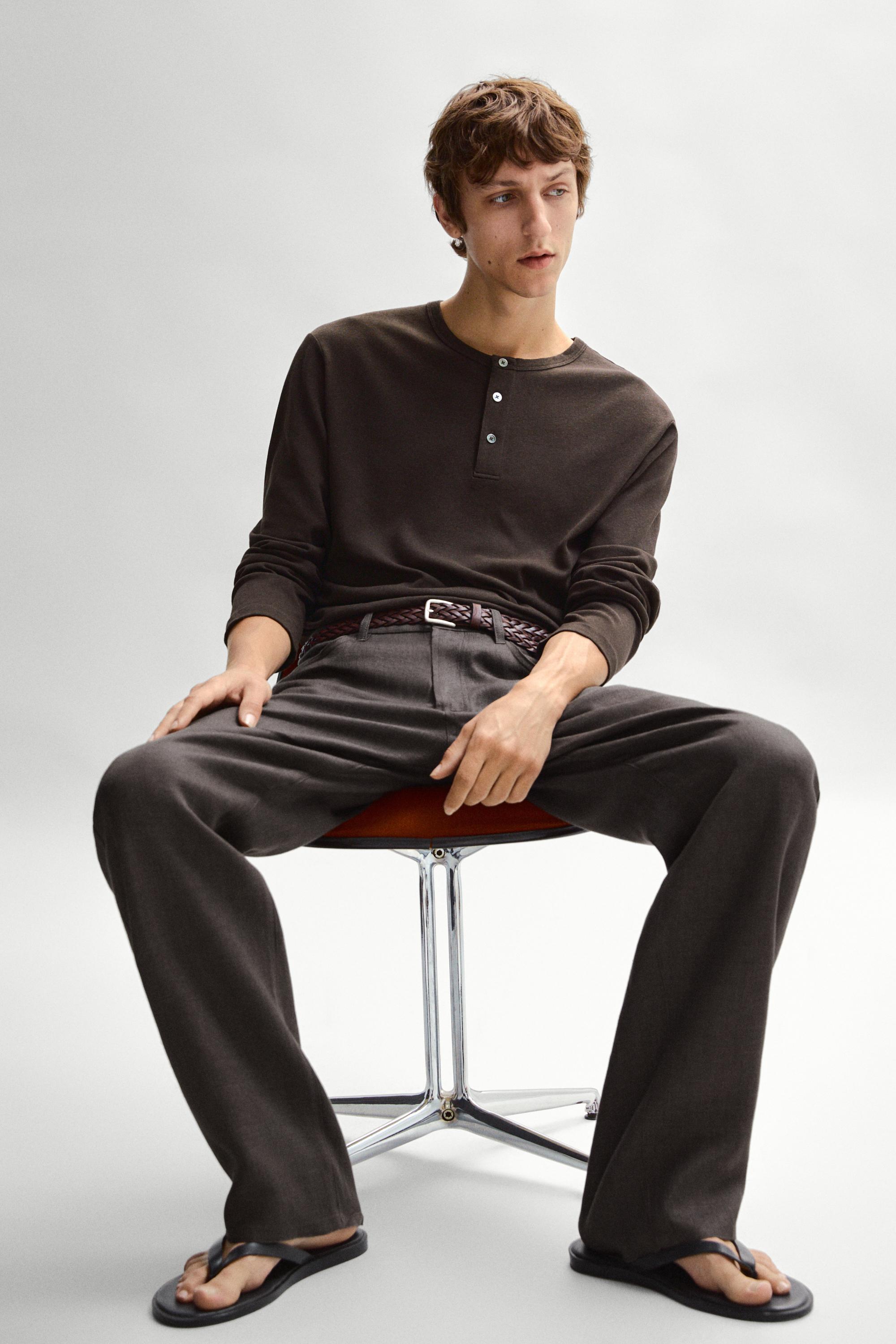 Long sleeve henley neck T-shirt — BROWN